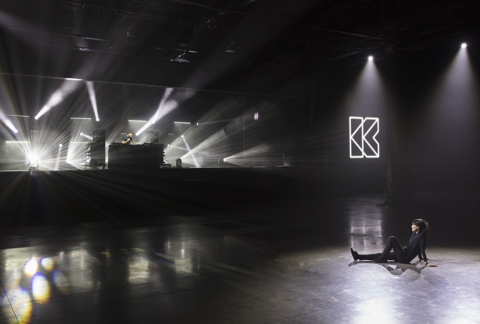 Ari Benjamin Meyers, K Club, 2019, performance, environment, neon sign, 2 12-inch LP vinyl records, dimensions variable. Exhibition view: Ari...