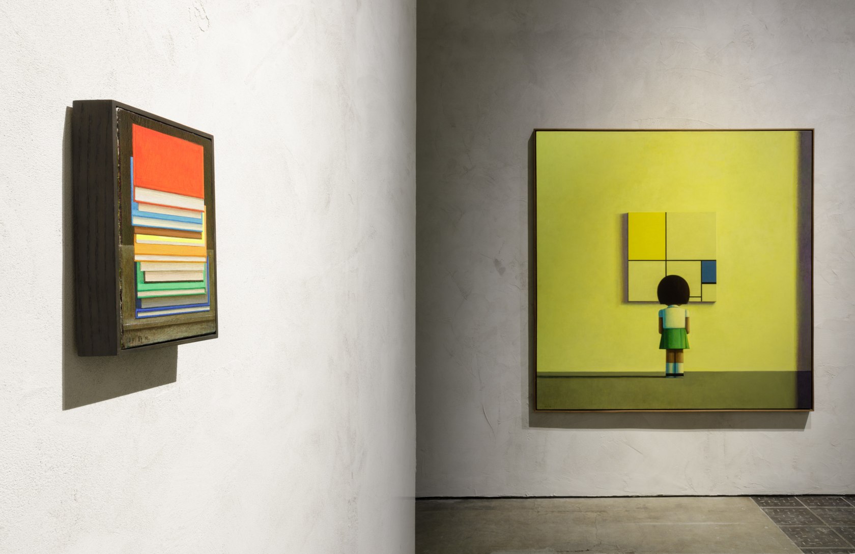 Left: Liu Ye, Books on Books, 2007. Right: Mondrian in the Morning, 2000. Exhibition view: Liu Ye, Storytelling, Fondazione Prada,...