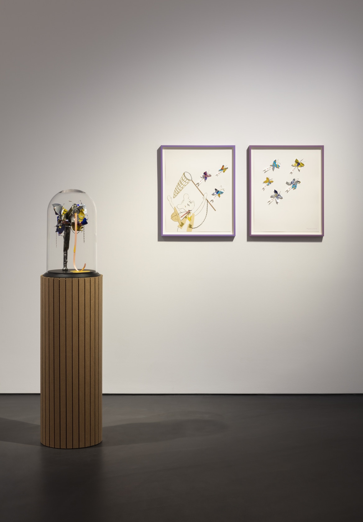 Floor: Simon Fujiwara, Who‘s Transformation (Pistol Butterfly), 2021. Wall: Simon Fujiwara, Who‘s Transformation? (Butterfly Catcher I), 2021. Exhibition view: Simon...