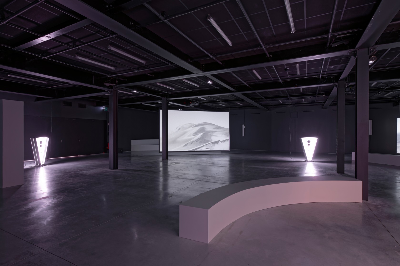 On the screen: Rosa Barba, Somnium, 2011. Freestanding: Rosa Barba, Color Clock: Verticals Lean Occasionally Consistently Away from Viewpoints, 2012....