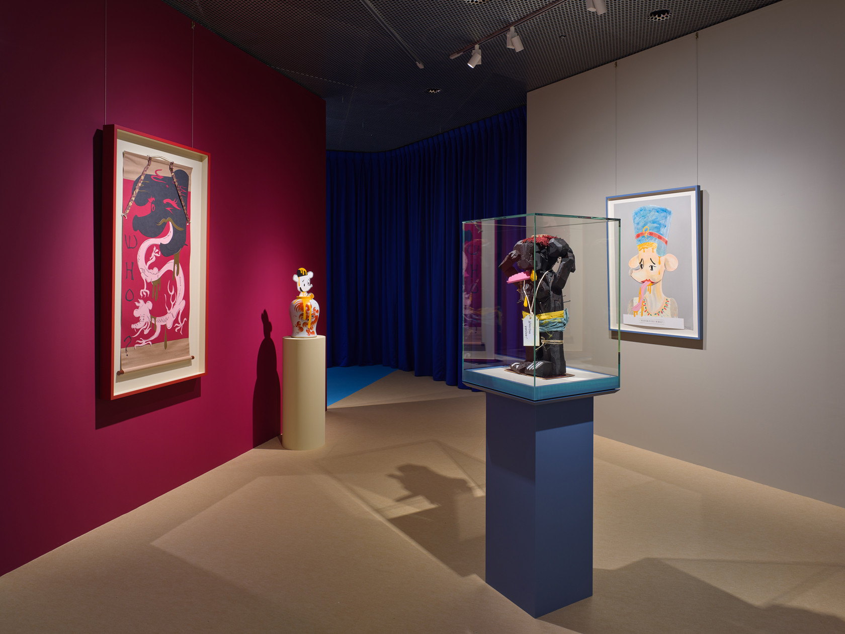 From left to right: Simon Fujiwara, Who’s in China? (Dragon Mask), 2022. Simon Fujiwara, Who’s in China? (Hiding Who), 2022....