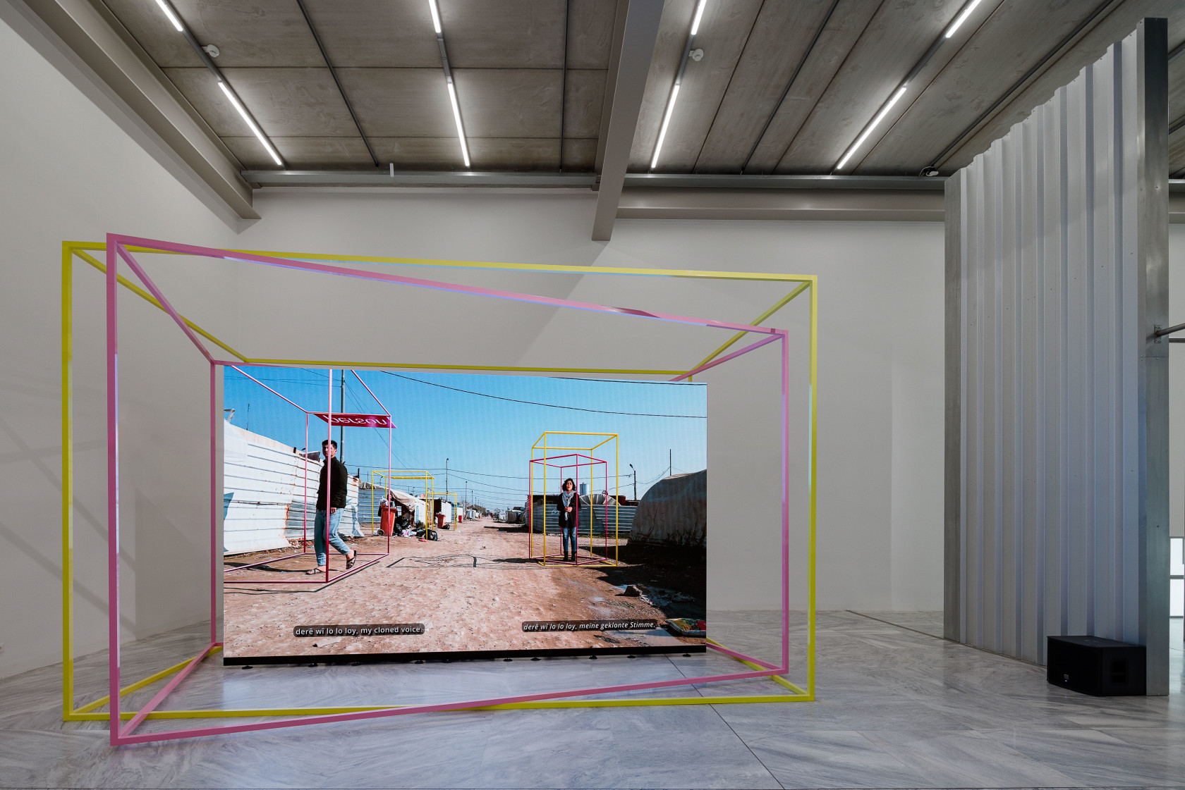 Exhibition view: Hito Steyerl, Der Menschheit ist die Kugel bei einem Ohr hinein und beim anderen herausgeflogen, MAK Contemporary, Vienna,...