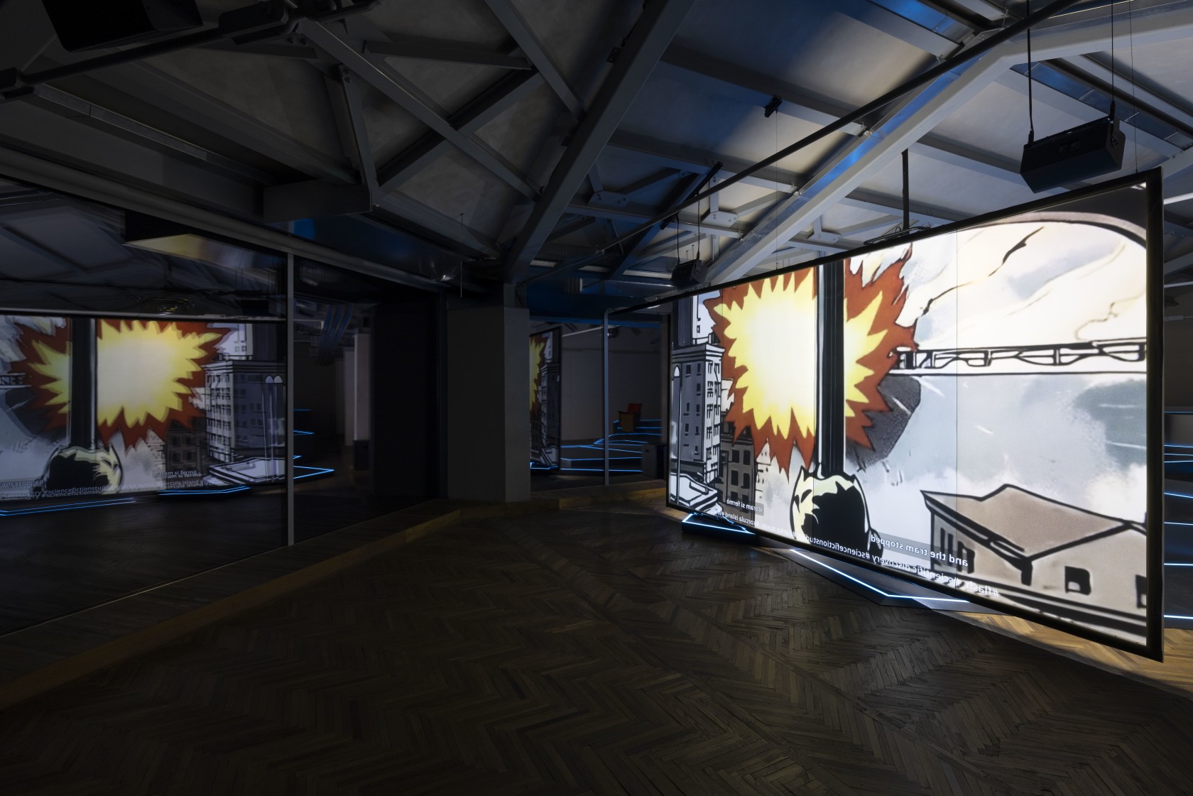 Exhitbition view: Hito Steyerl, The Island, Osservatorio Fondazione Prada, Milan, 2025. Photo © Andrea Rossetti