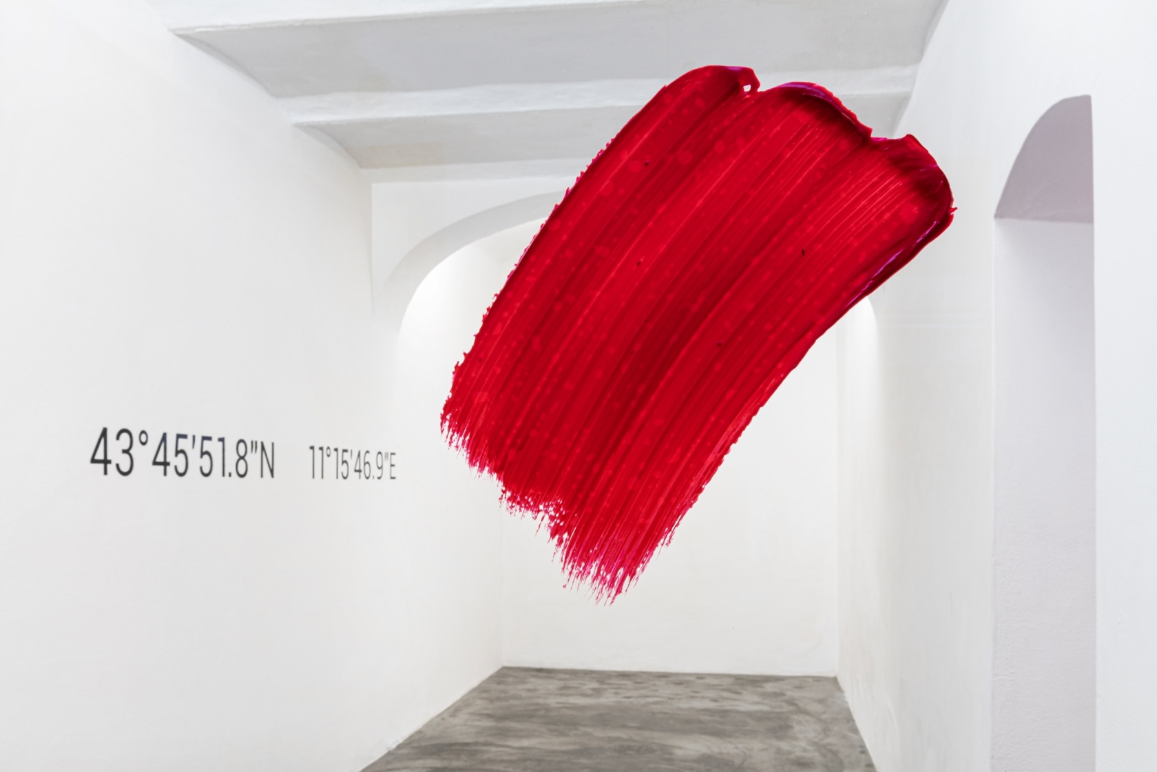 Brushstroke, Mobile, 2019 Acrylic paint, fluorescent red 21 x 10,5 cm Exhibition view: 43°45’51.8″N 11°15’46.8″E, Base / Progetti per l'arte,...