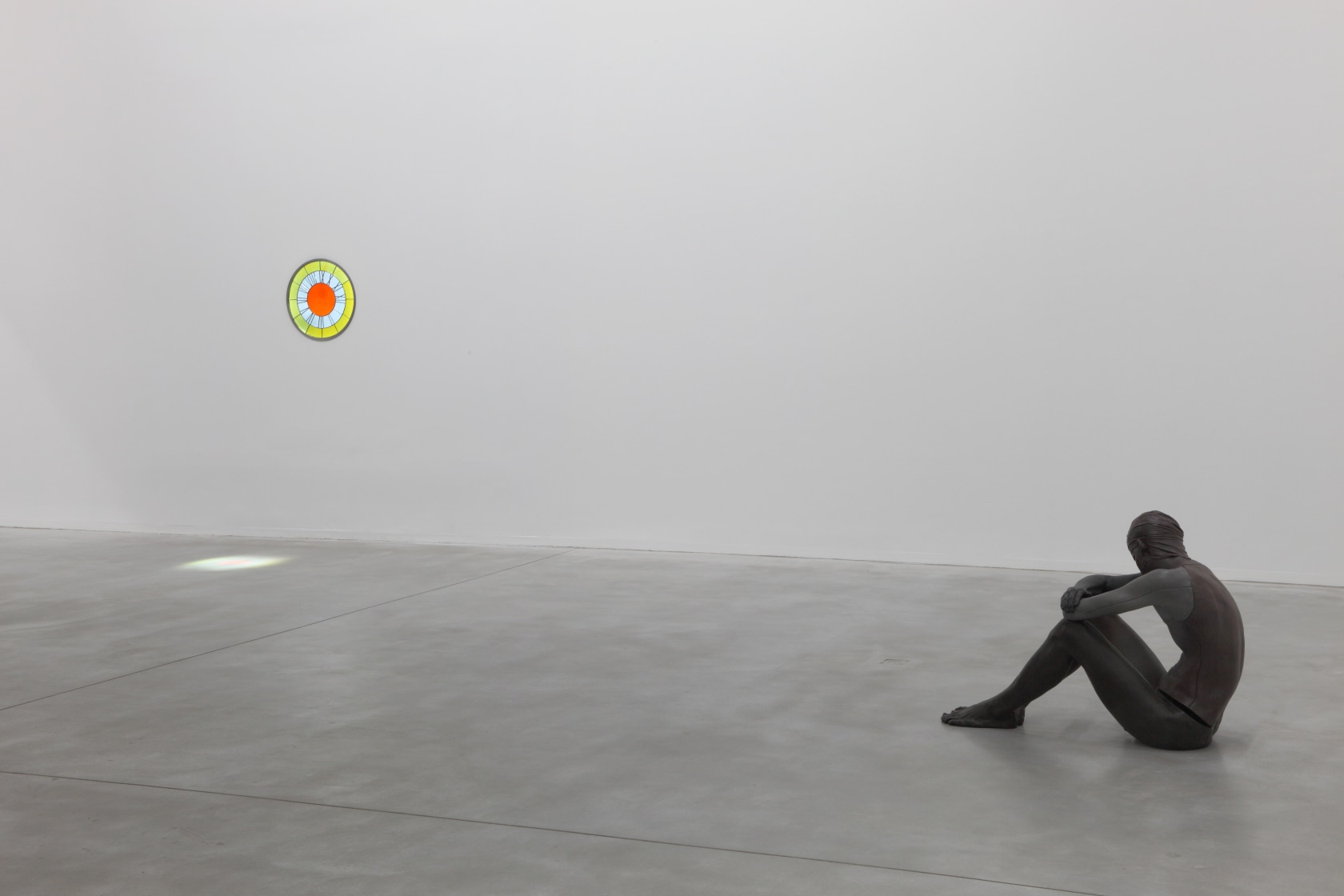 Left: yellow white orange clock, 2013 Stained-glass window, wire ø 50 cm Right: nude (xxxxxxxxxxxxxx), 2011 Wax, earth pigments 99...