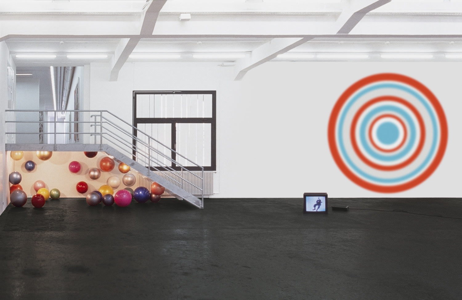 Left: gone with the wind, 1996 32 polyester balls, autolack, sound Dimensions variable Middle: dog days are over, 1996 (detail)...