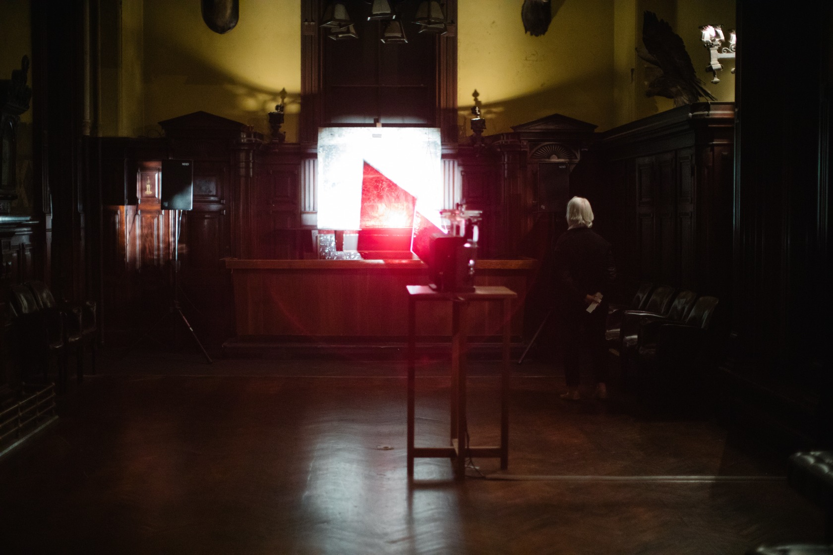 In a Perpetual Now of Instantaneous Visibility, 2019 Performance, 16mm projectors, glass filters, 35mm projector, screens, drums, cello Performance view...