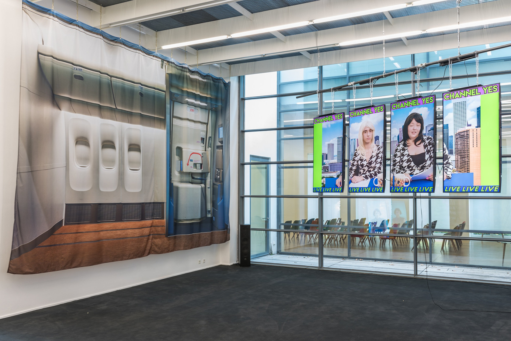 CENTER SHIFT #1: I start again, 2019 5-channel video and site-specific installation with UV Prints, printed curtain, carpet, 3D car-wrapping...