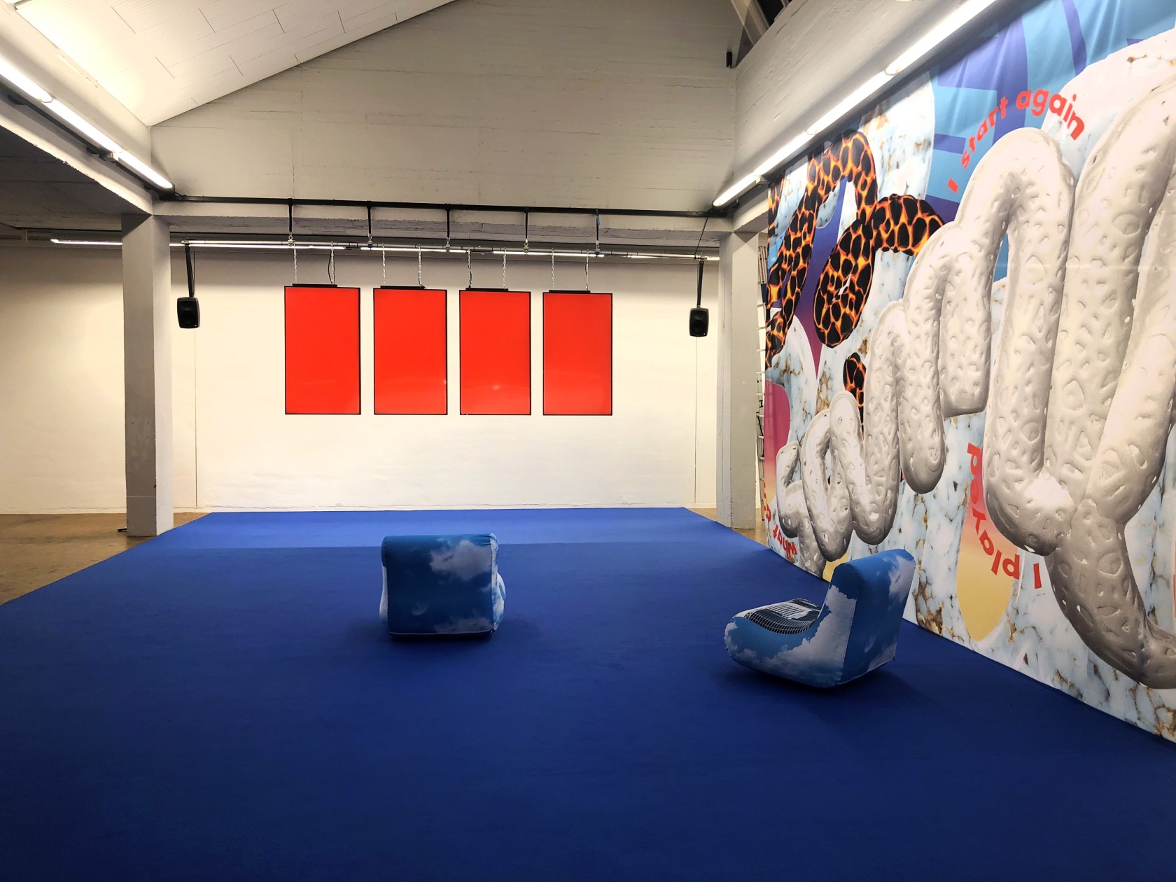 CENTER SHIFT #1: I start again, 2019 5-channel video and site-specific installation with UV Prints, printed curtain, carpet, 3D car-wrapping...