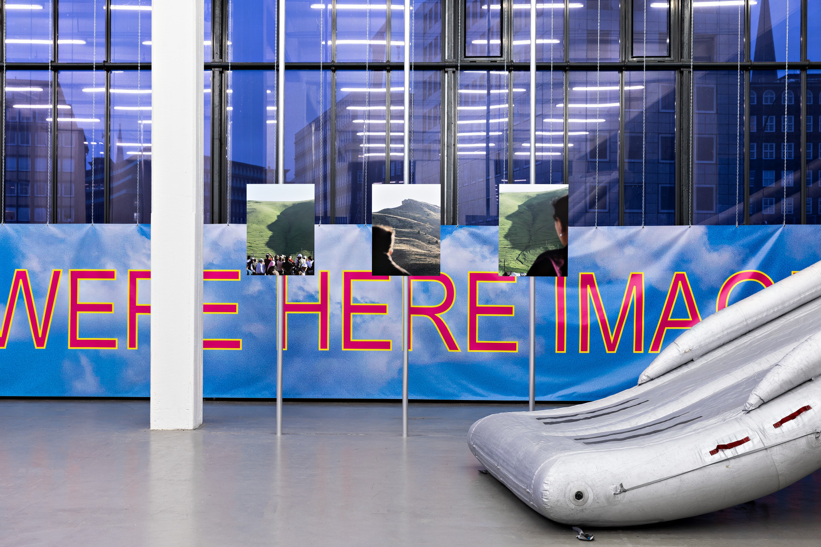 car, road, mountain, 2020 Digital video, site-specific installation with photographs, advertisement banners and airplane slides Dimensions variable Photo © Fred...