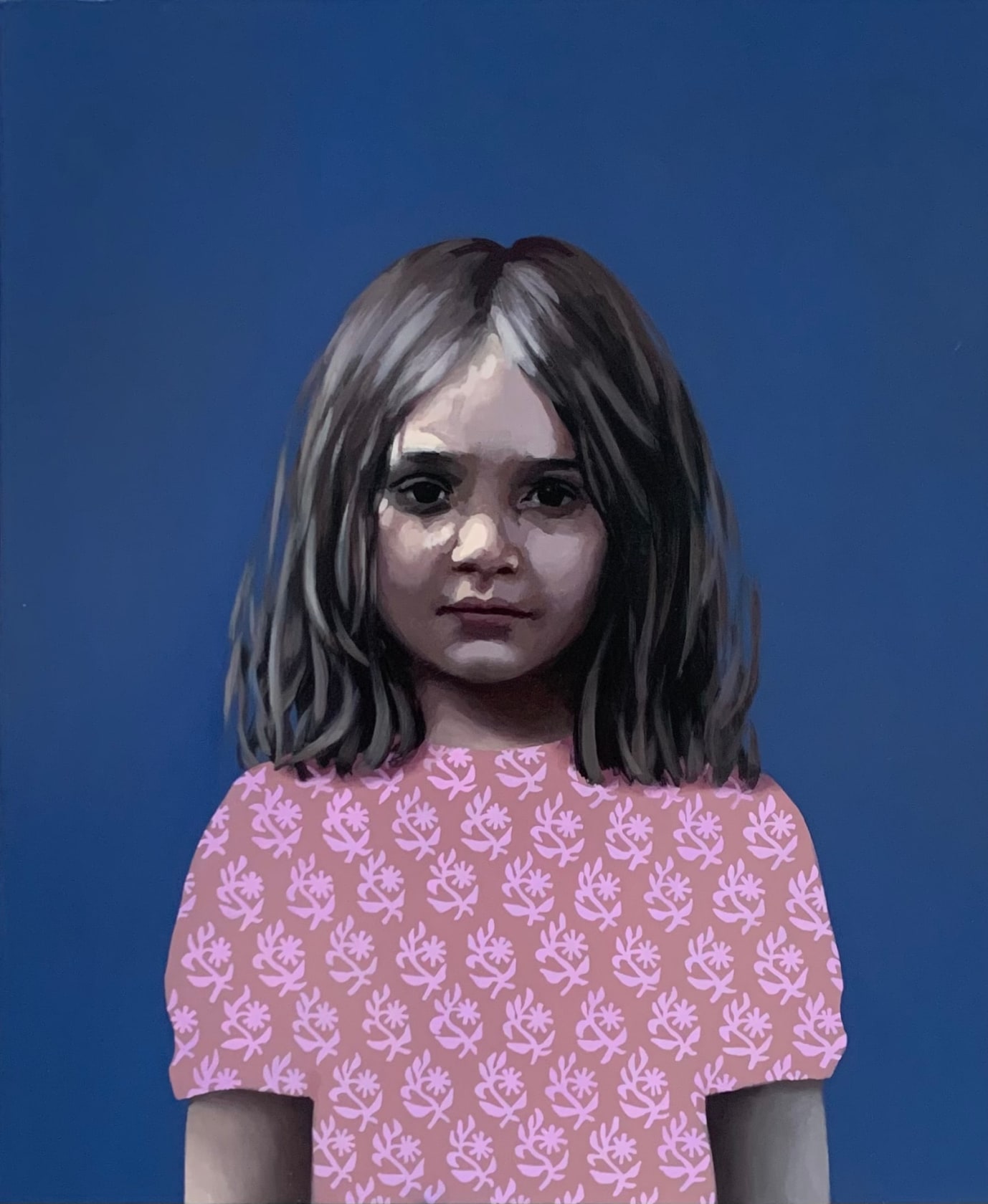 Claerwen James, Girl in purple dress, face in dappled light, 2023