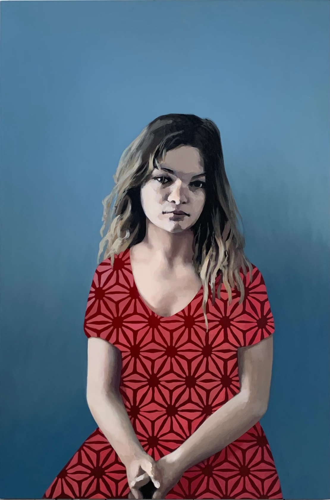 Claerwen James, Red dress against blue, hands clasped, 2008-2023