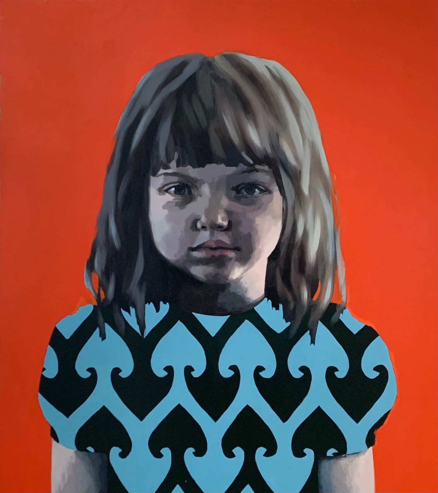 Claerwen James, Girl in a blue and back dress against orange, 2008-2023
