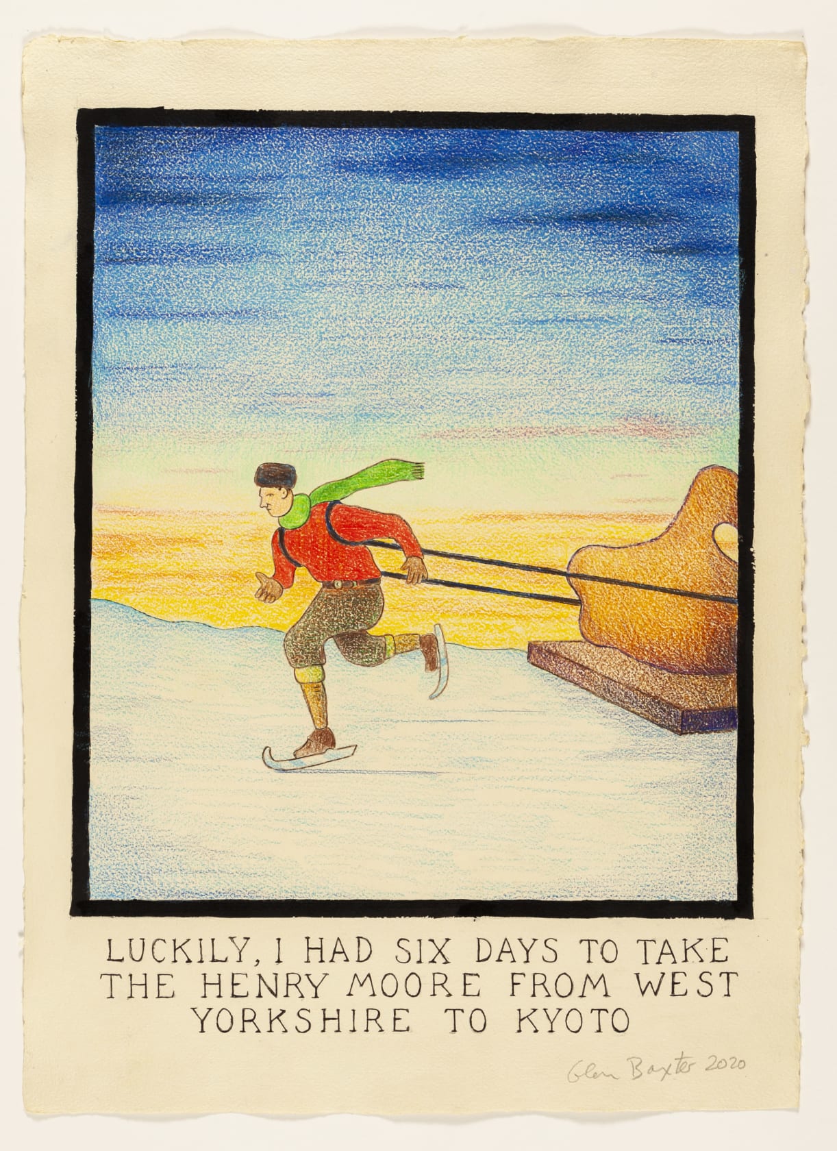 Glen Baxter, Luckily, I had Six Days to Take the Henry Moore from Yorkshire to Kyoto, 2020