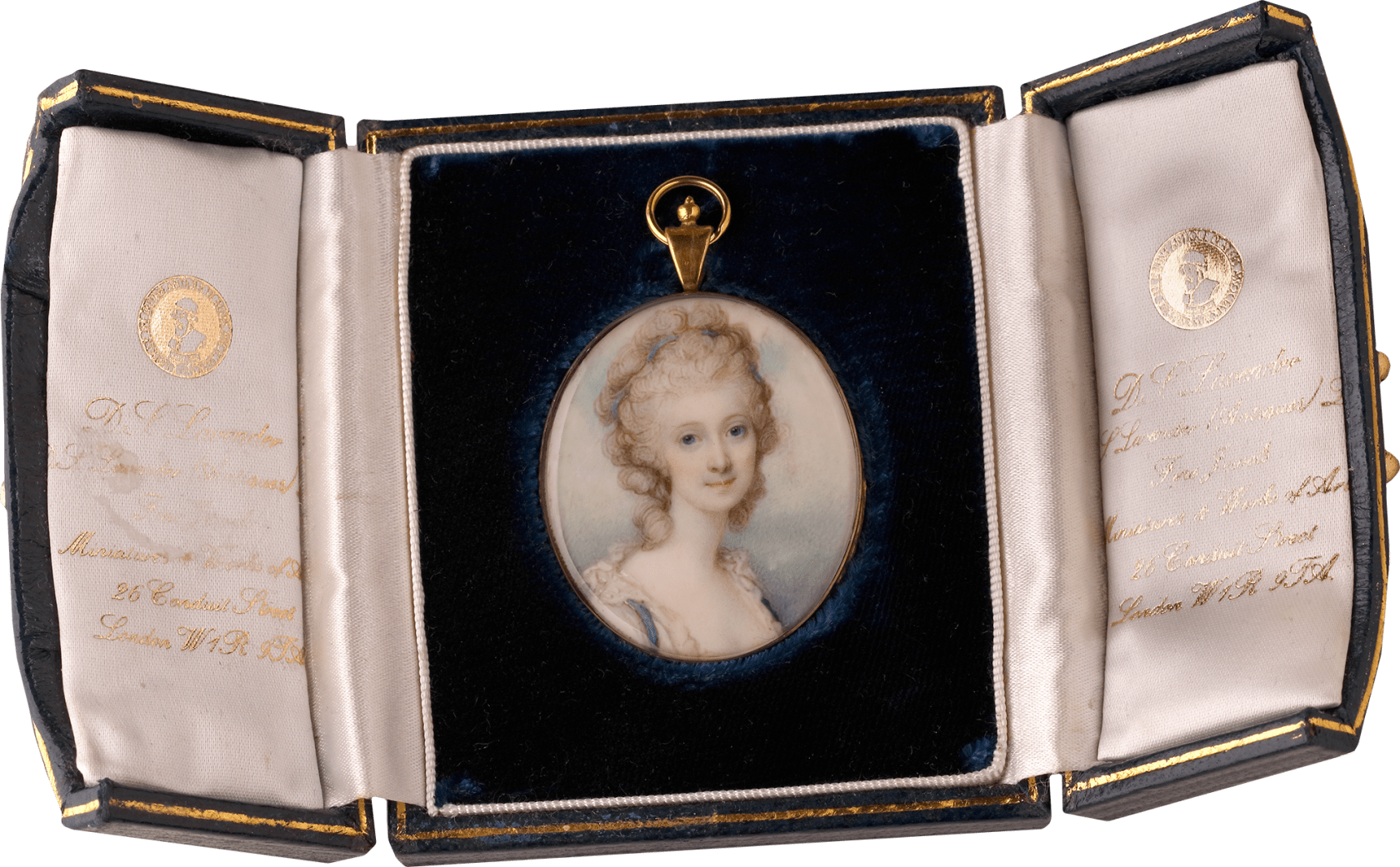 Watercolour on ivory in gold-plated locket frame Oval, 1 5/8 in (42 mm) high