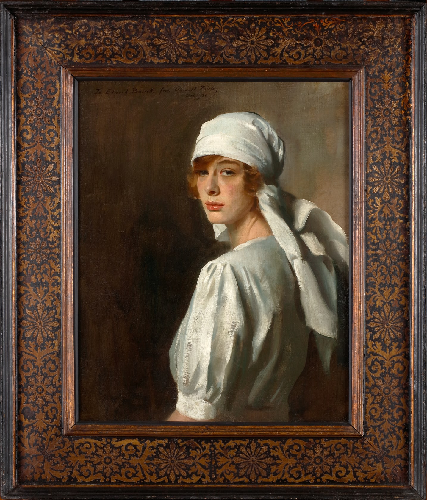 Signed and dated 'To Edmond Barrett from Oswald Birley Dec 1921' top left oil on canvas 28.5in x 24 1/4 in (71.5cm x 61.5 cm)