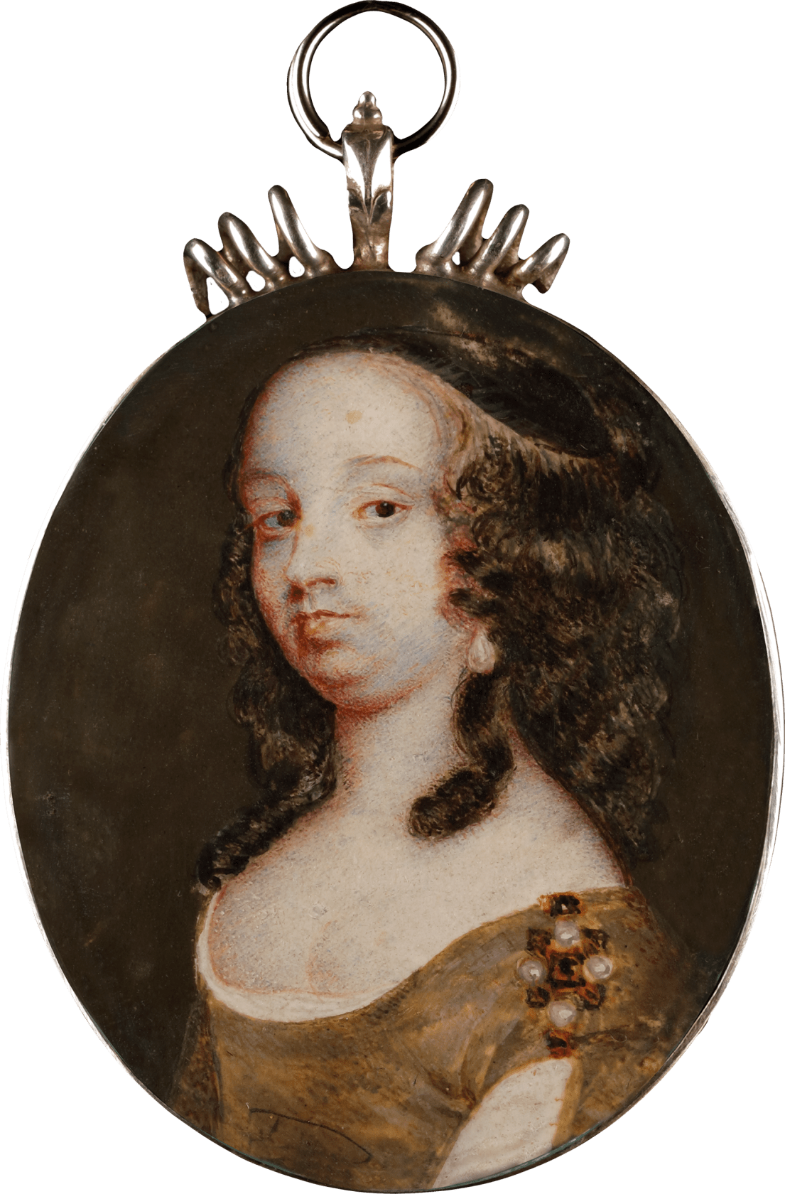 Watercolour and bodycolour on vellum in later silver frame with scroll cresting Oval, 2 1/16 in (52 mm) high