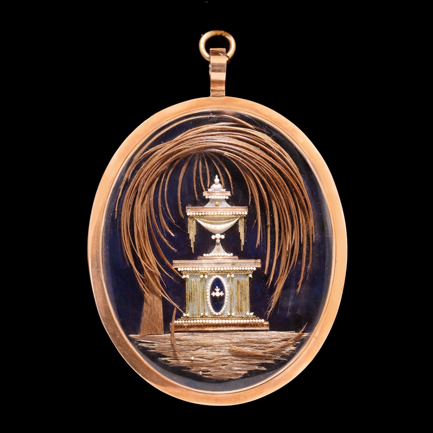 Watercolour in gold frame, reverse inset with hair and a mother of pearl and pearl shrine Oval, 3 3/8 in (85 mm) high