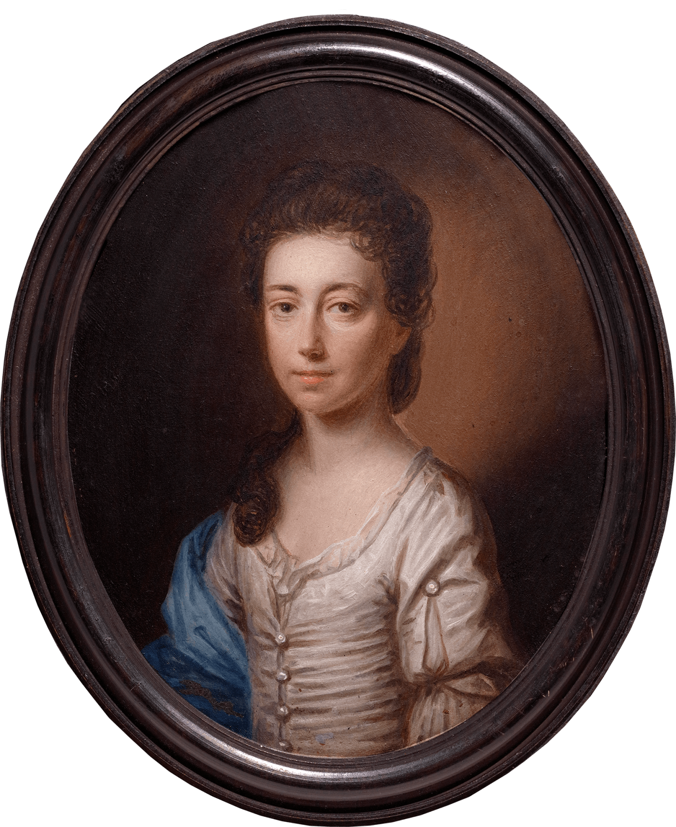 Reverse inscribed 'Catherine Fairfax/daughter of/admiral R. Fairfax/Los**1709/ lived at/Newton Kyme/Son of W R Fairfax' Oil on copper in turned pearwood frame Oval, 5 inches (125 mm) high