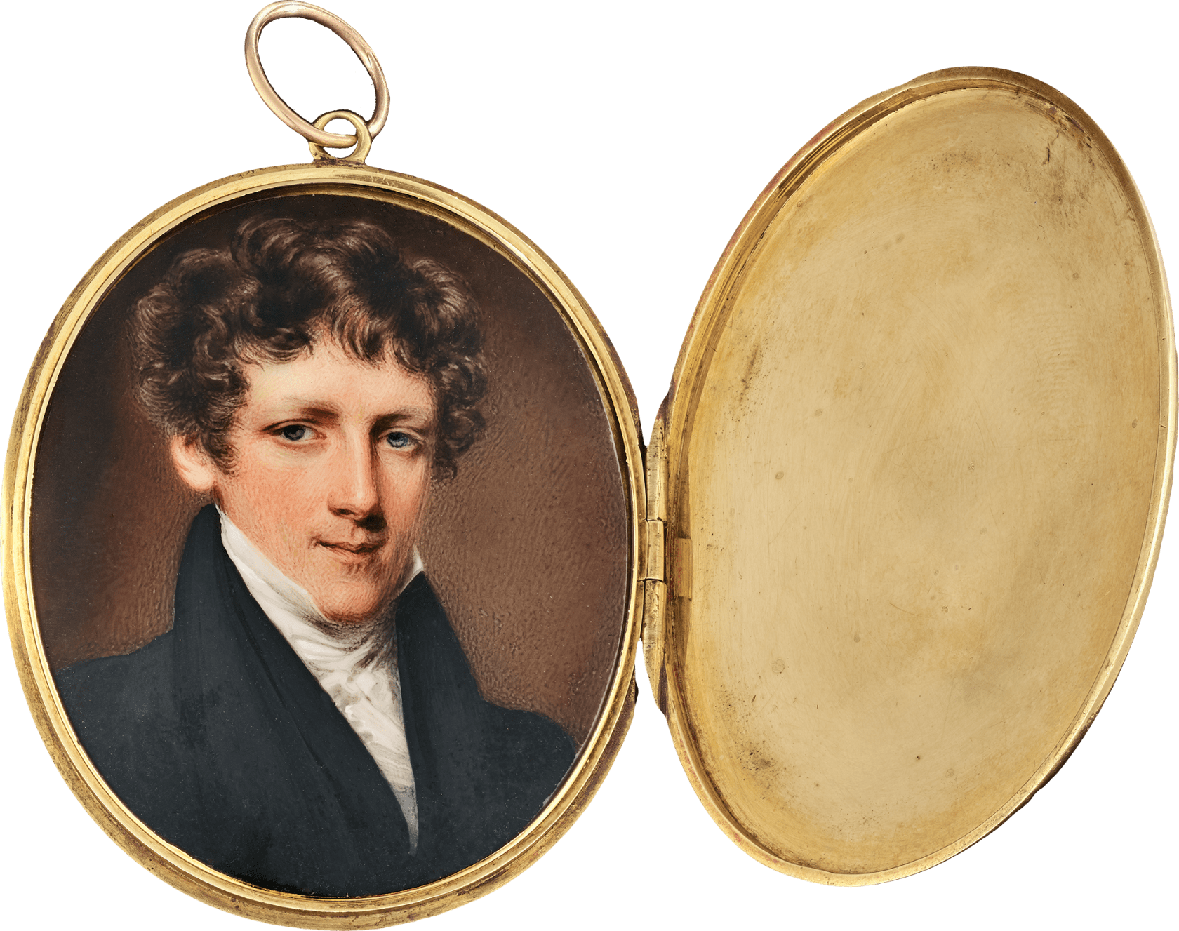 Signed on reverse and engraved on the exterior of the case with the initial ‘W’ and date ‘1824’ within foliate surround Watercolour on ivory in gold locket case Oval, 2 in (51 mm) high