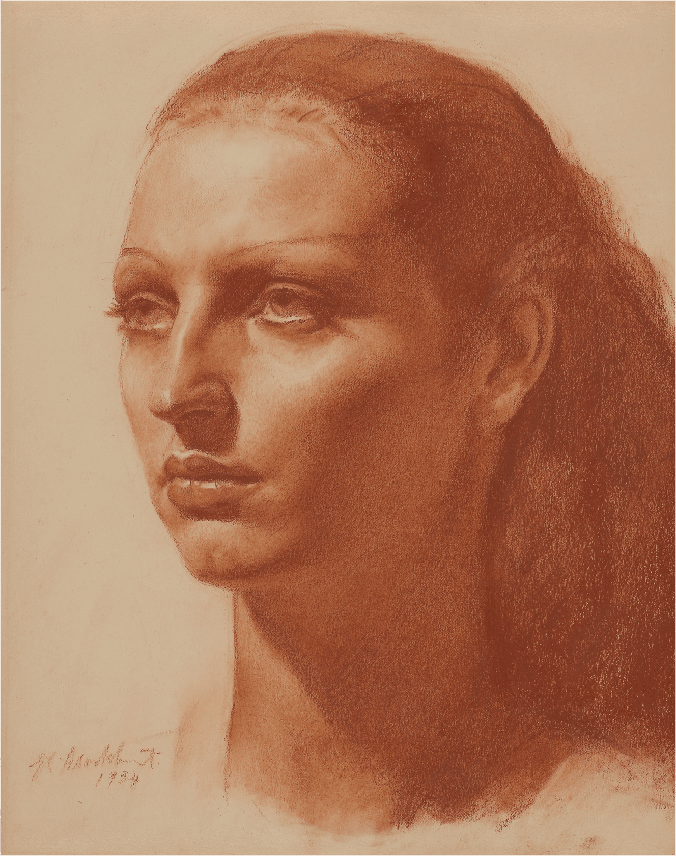 Signed and dated ‘GL Brockhurst/ 1934’ lower left  Red chalk on paper  13 ¾ x 10 in. (34.9 x 27.6 cm)