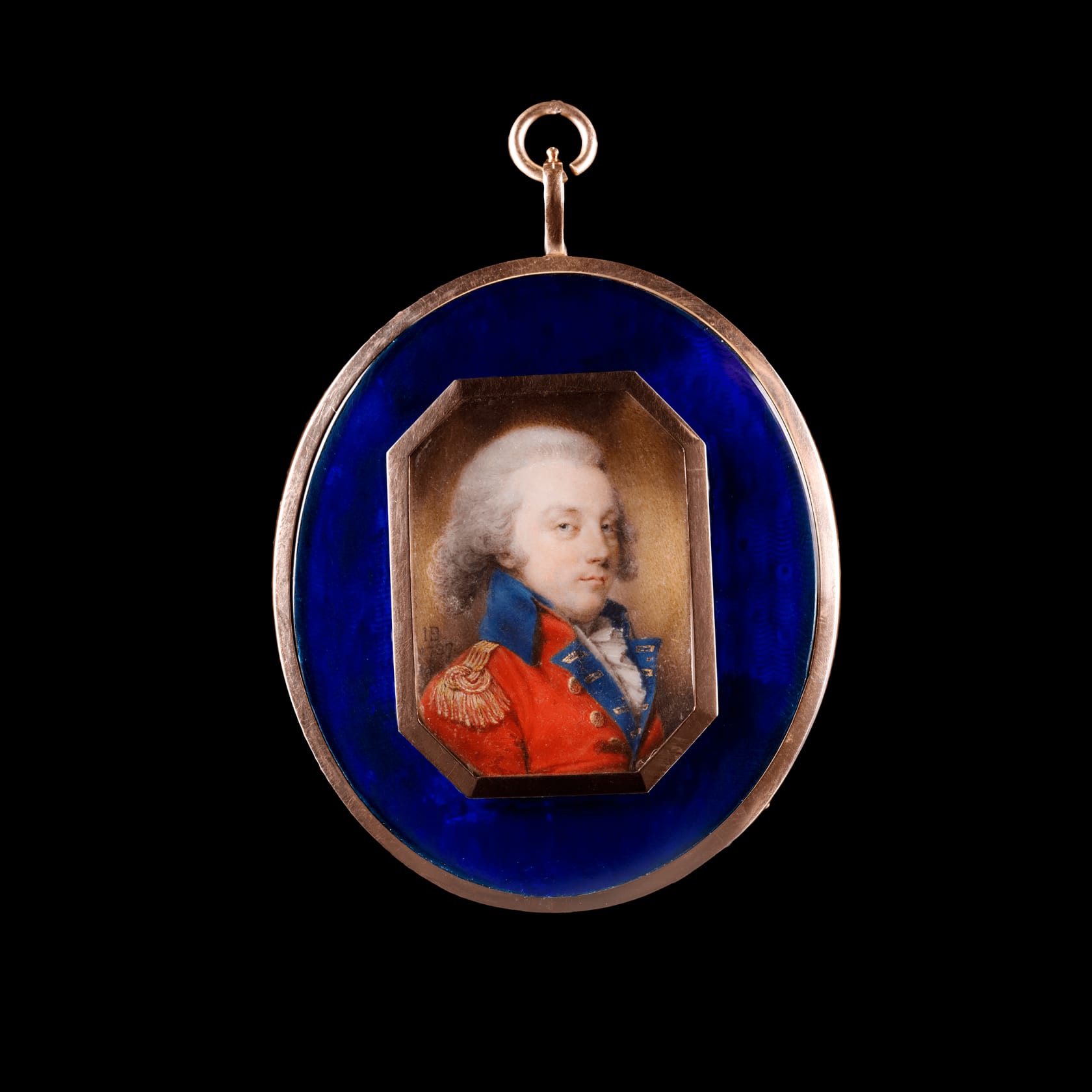 Signed 'IB. / 1787.' lower left Watercolour on ivory in gold hexagonal mount and set in gold frame with blue glass border, the reverse with plaited hair Oval, 1 1/2 in (38 mm) high