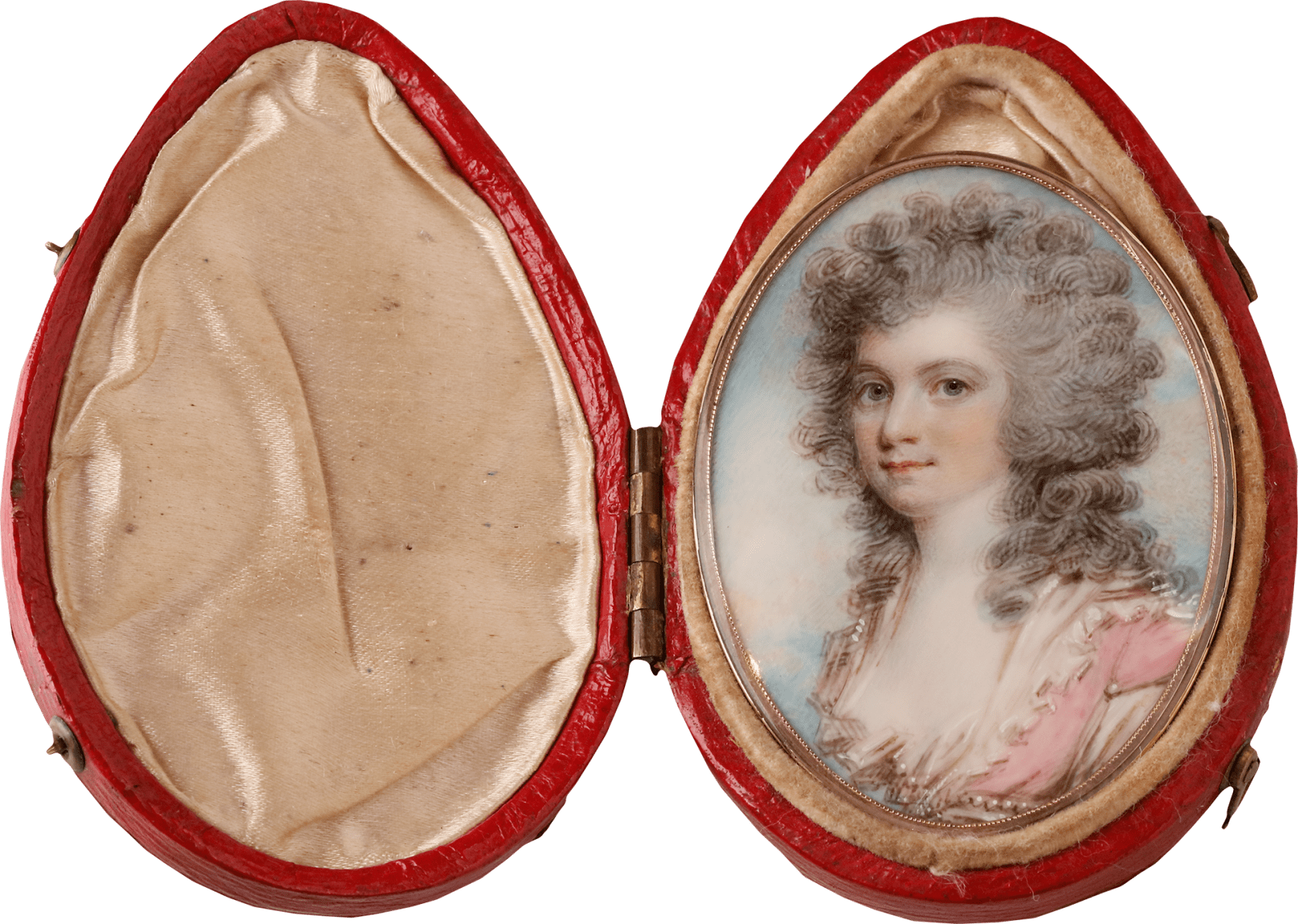 Watercolour on ivory set in original gold frame, the reverse with oval panel with plaited brown hair within right-cut border and set in original red leather travelling case Oval, 2 1/8 in (55 mm) high