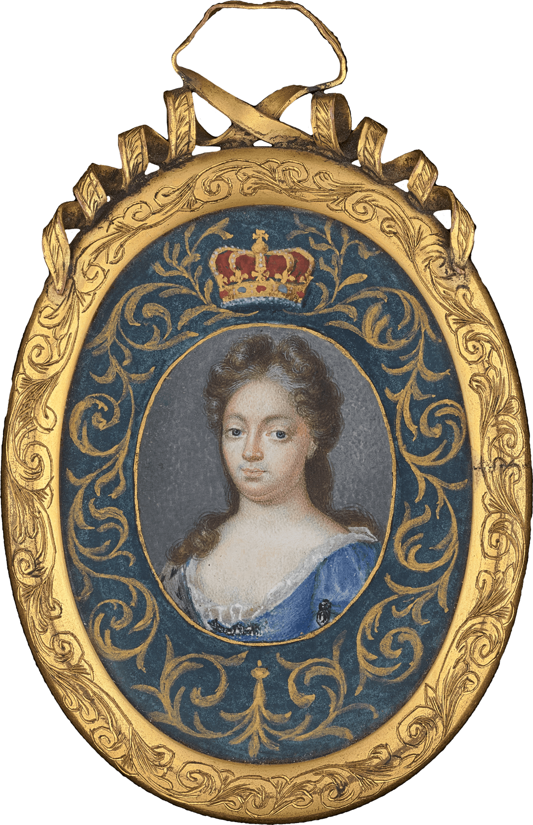 Later engraving on the reverse ‘Queen Mary/ Daughter of James 2nd/ and Consort of William 3rd/ Died December 1694’ Watercolour on vellum in gilded metal frame with engraved border and pierced spiral surmount Oval, 1 1/4 in (27 mm) high