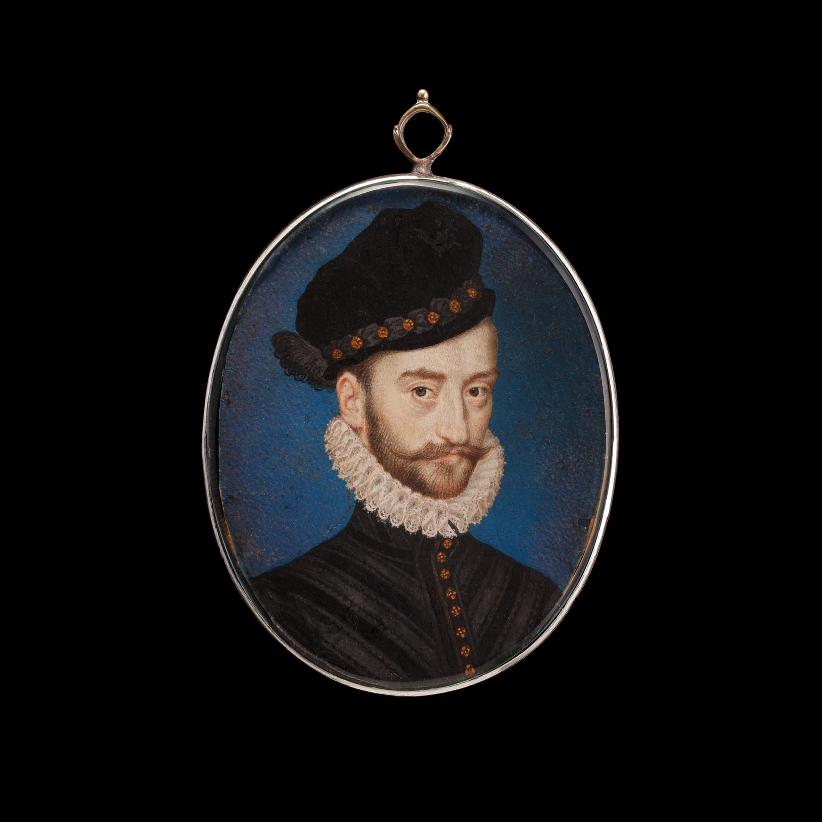 Watercolour on vellum, remains of gold border, laid down on card in later gilded silver locket frame Oval, 2 in (55 mm) high