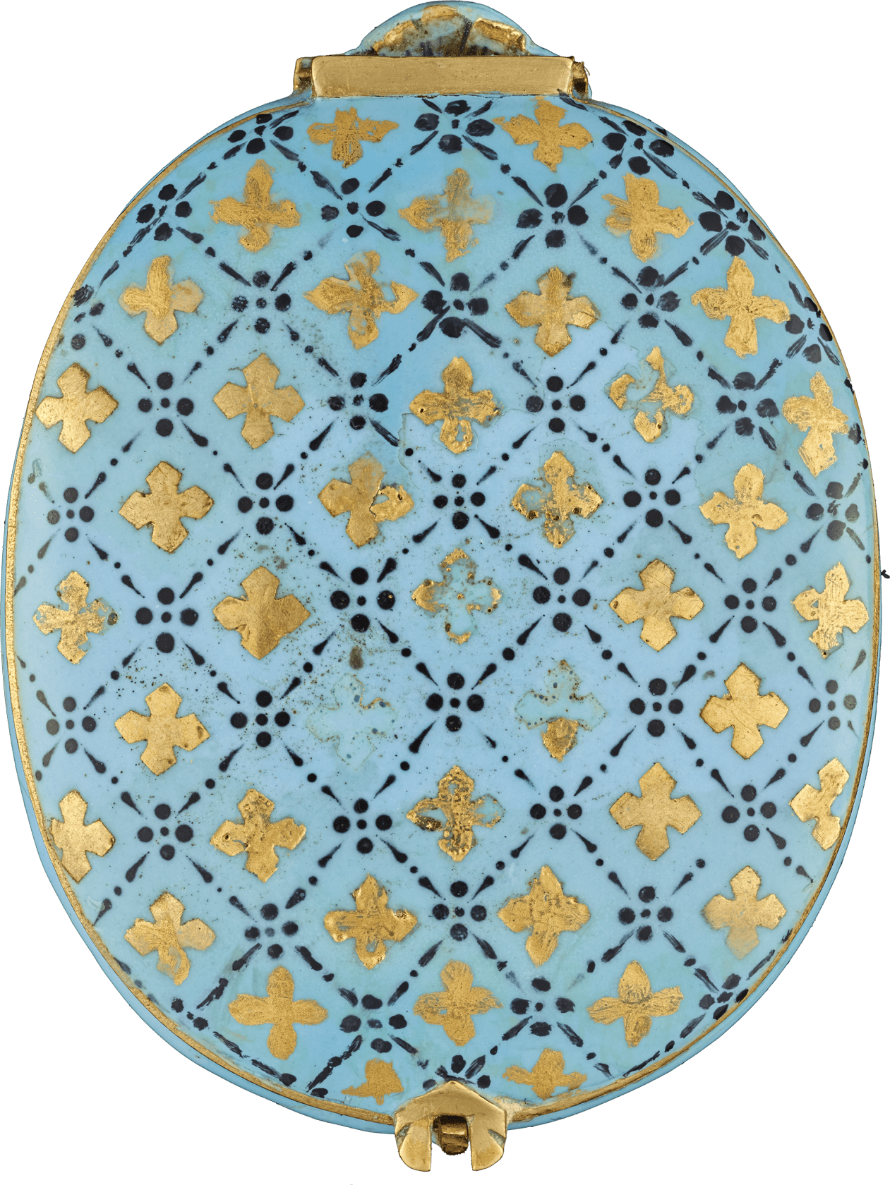 Oil on copper housed in contemporary enamelled gold locket frame, the pale blue base and lid decorated with gilded quatrefoils, the interior of the lid bearing a coat of arms, consisting of a diagonal band of three demi-eagles upon a shield surrounded by acanthus leaves with studded helmet and demi-eagle cresting Oval, 1 7/16 in (36 mm) high