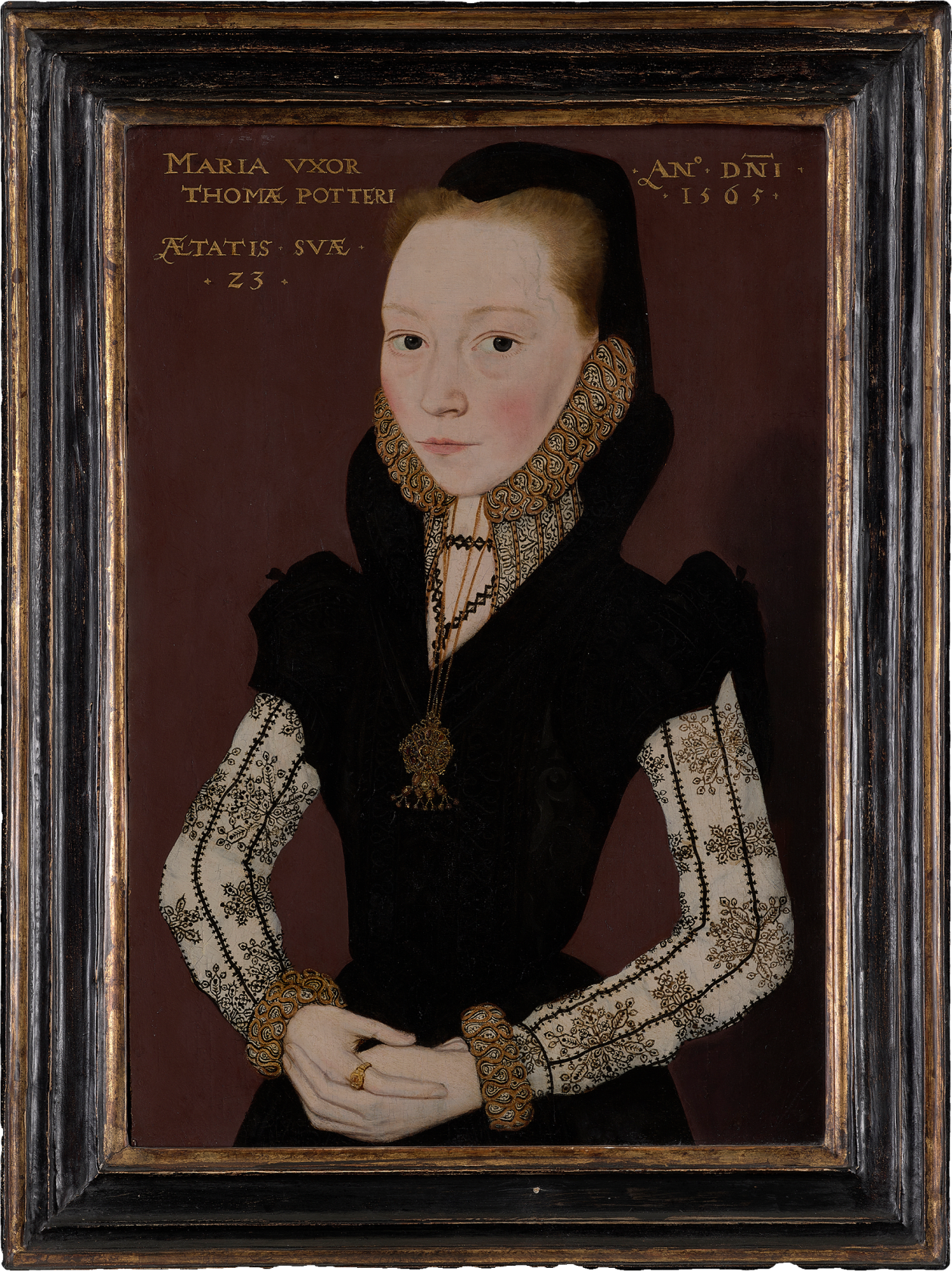 Inscribed upper left: ‘MARIA VXOR/THOMAE POTTERI/ÆTATIS SVAE/23’ Inscribed upper right: ‘AN° DNI/1565’ Oil on Panel 16 1/8 x 11 in (41 x 28 cm)