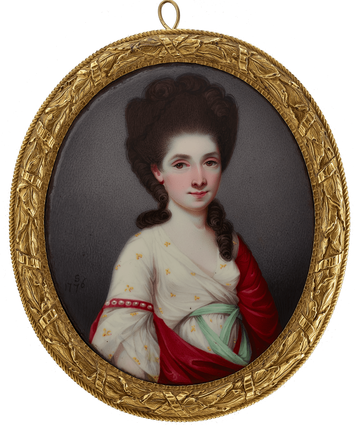 Signed on obverse 'S' and dated '1776' Enamel on Copper. Gilt-metal frame with leaf border, probably by Hatfield and Sons. Oval, 2 9/10 in (73 mm) high