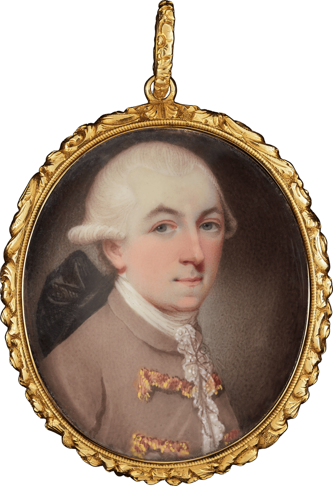 Enamel on metal in gilt-metal frame with chased, foliate border, the reverse glazed to reveal plaited hair Oval, 1 1/2 in (37 mm) high