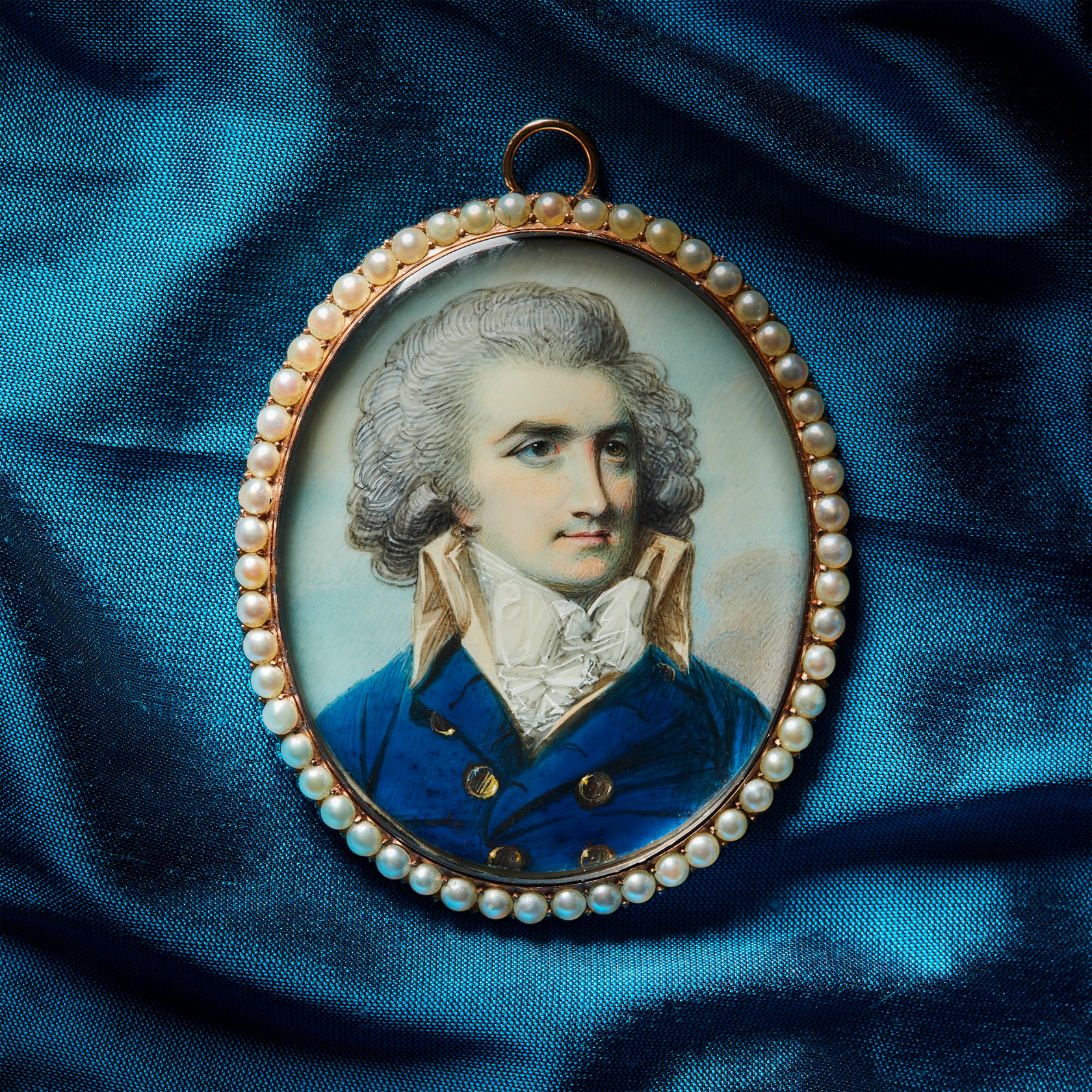 Watercolour on ivory in rose gold frame with pearl border Oval, 2 in (52 mm) high