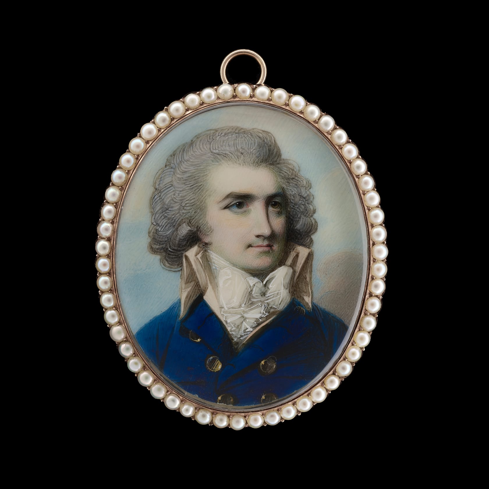 Watercolour on ivory in rose gold frame with pearl border Oval, 2 in (52 mm) high