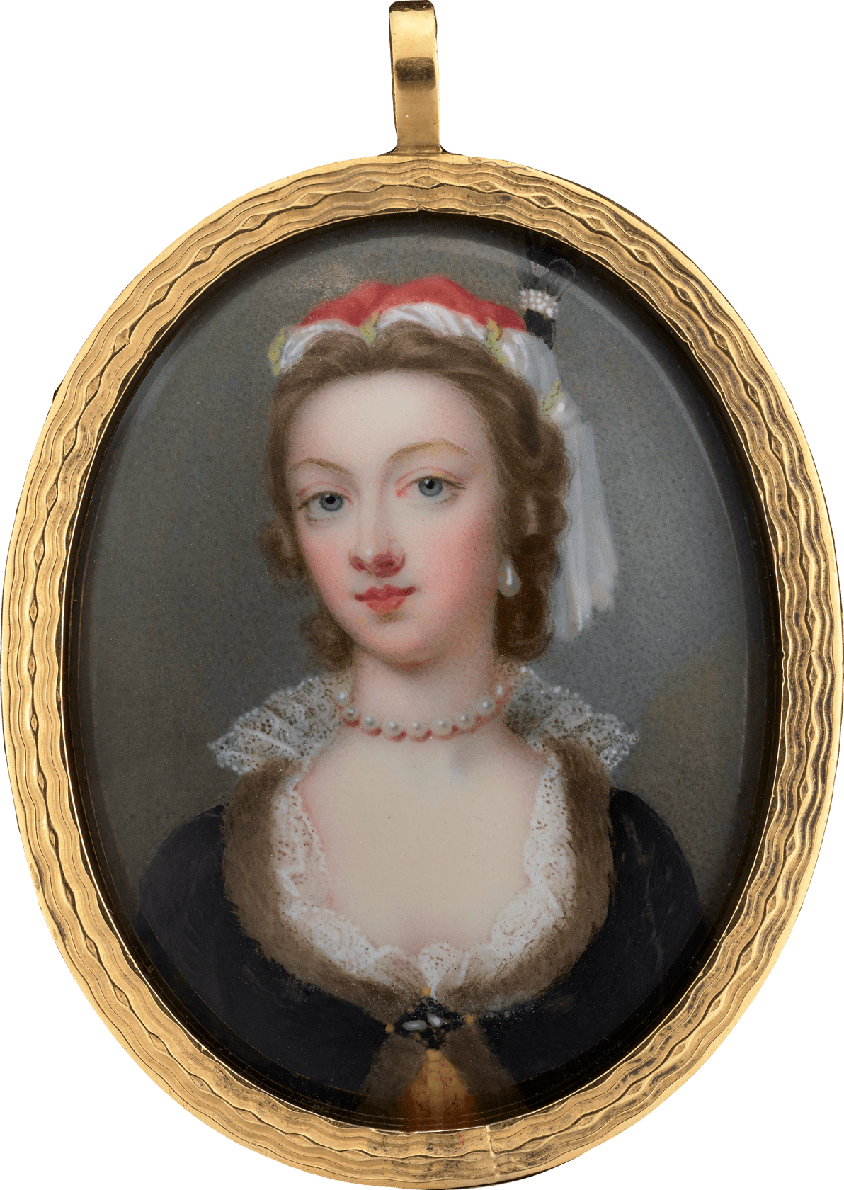 The counter enamel signed and dated; ‘G.Spencer.pinx/1748’ Enamel on metal in old frame, the border engraved with a ‘wave’ design Oval, 1 3/4 in (44 mm) high