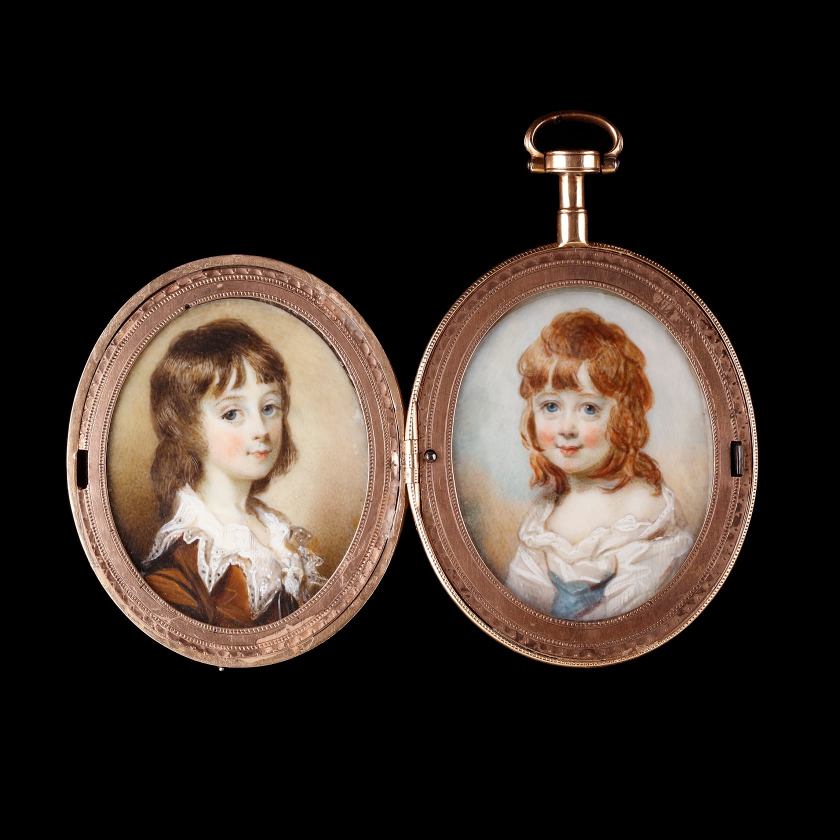 Watercolour on ivory set in (original) gold fausse-montre locket case, the exterior with hair panel and blue glass Ovals, 1 ½ in (40 mm) high
