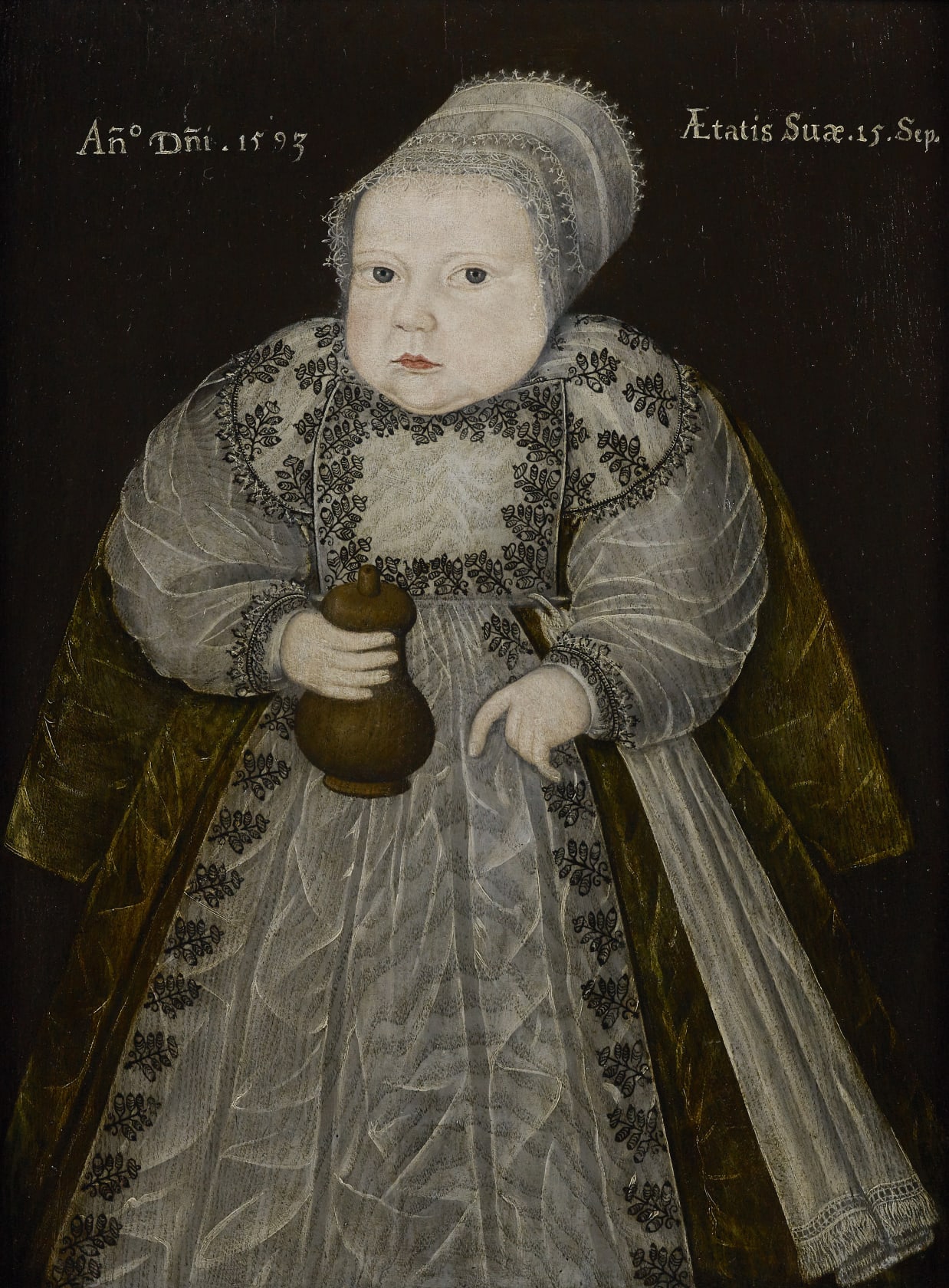 Inscribed ‘Aetatis Suae. 4.’ upper left, and ‘Ano Dni. 1595’ upper right Oil on Panel 31 ¾ x 23 ¼ in (80.6 x 59 cm)