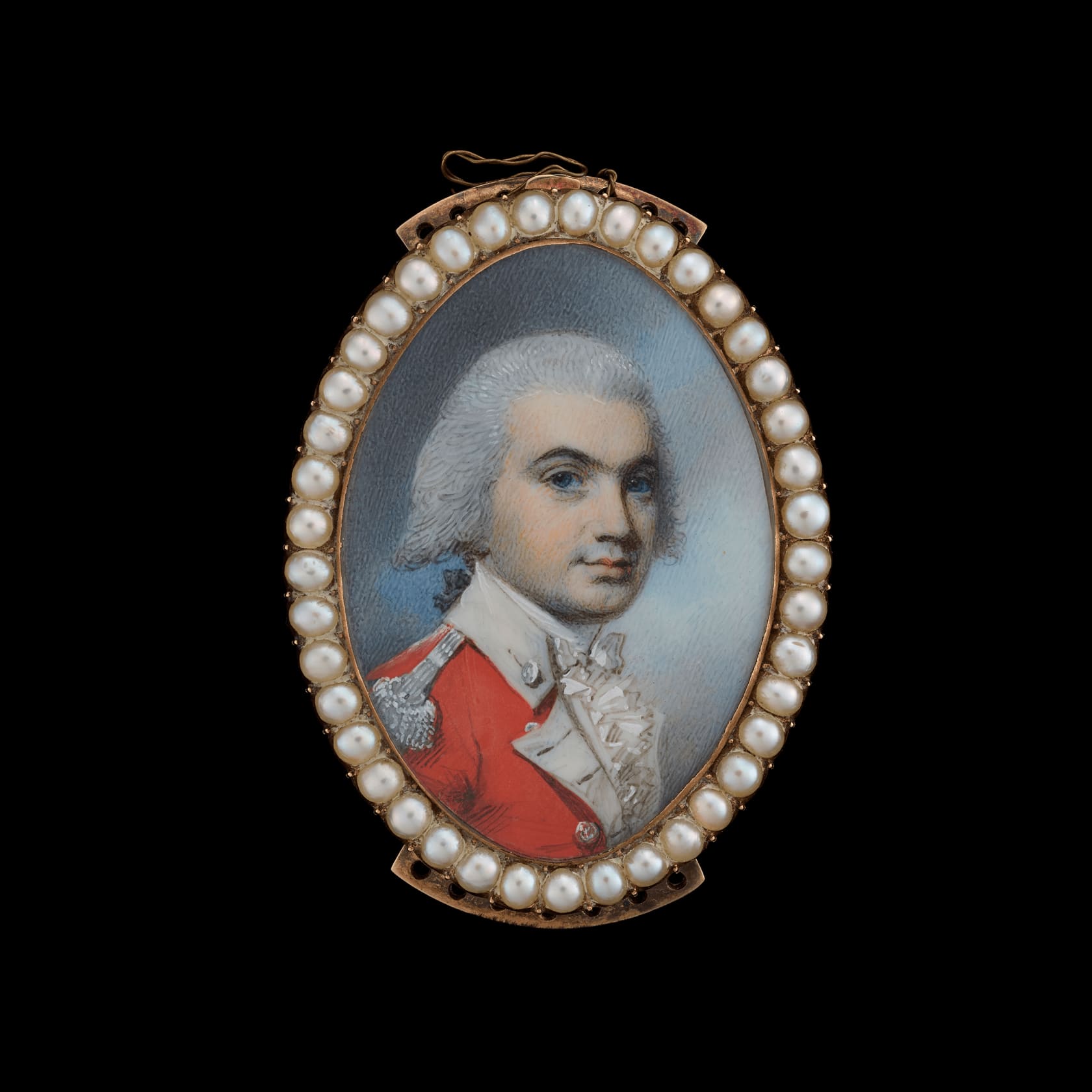 Watercolour on ivory in original gold bracelet frame with pearl border Oval, 1 5/8 in (42 mm) high