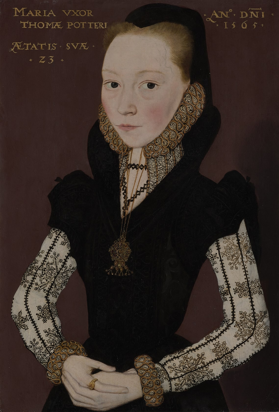 Inscribed upper left: ‘MARIA VXOR/THOMAE POTTERI/ÆTATIS SVAE/23’ Inscribed upper right: ‘AN° DNI/1565’ Oil on Panel 16 1/8 x 11 in (41 x 28 cm)