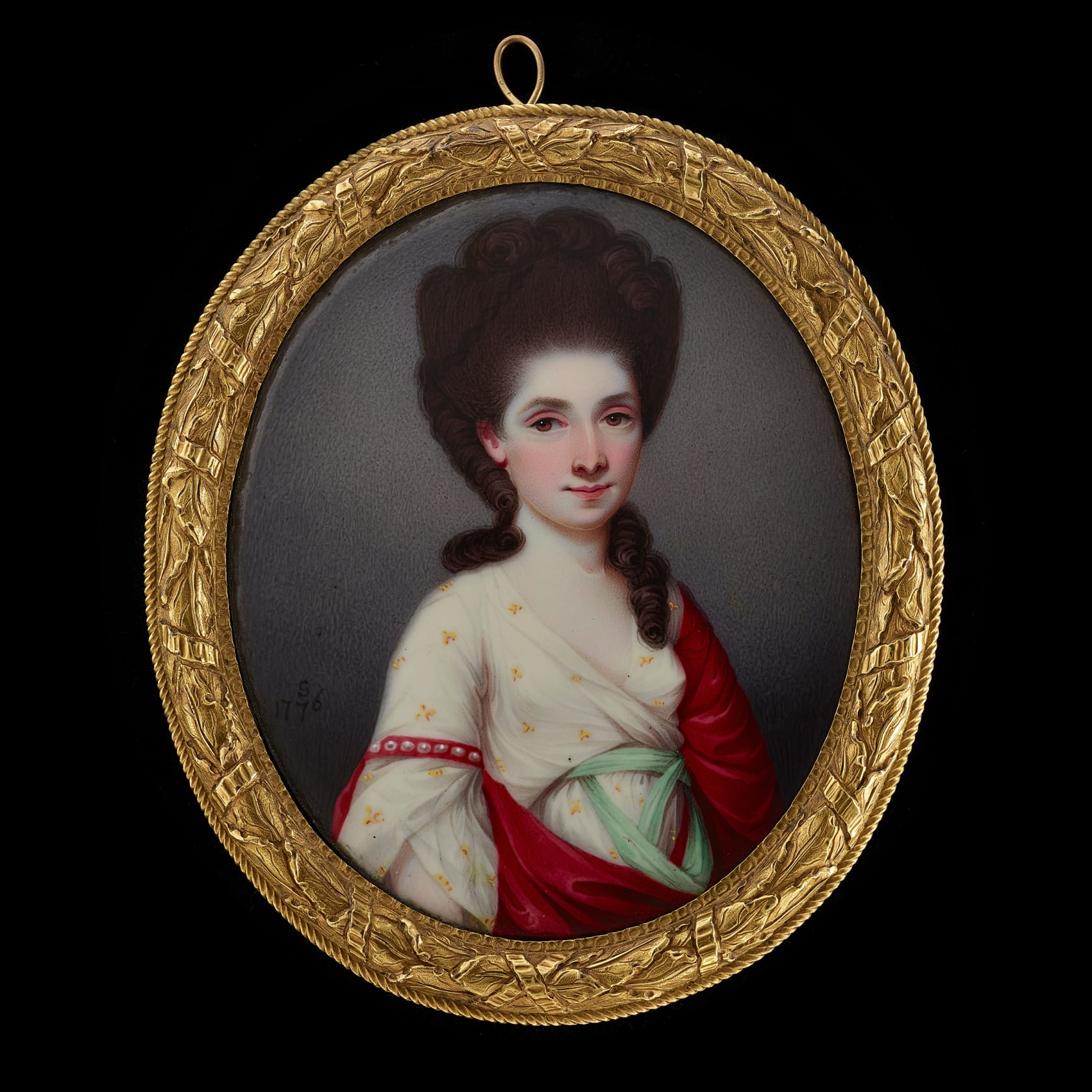 Signed on obverse 'S' and dated '1776' Enamel on Copper. Gilt-metal frame with leaf border, probably by Hatfield and Sons. Oval, 2 9/10 in (73 mm) high