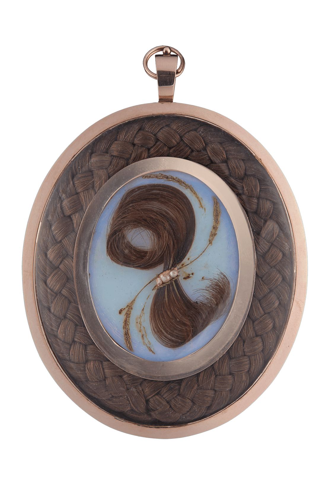 Watercolour on ivory set in gold frame with plaited hair border, the reverse with border of plaited hair around a glazed panel to reveal lock of brown hair held with seed pearls and gold wire on opalescent glass (reframed between 2010 and 2020) Oval, 1 ¾ in (48mm) high