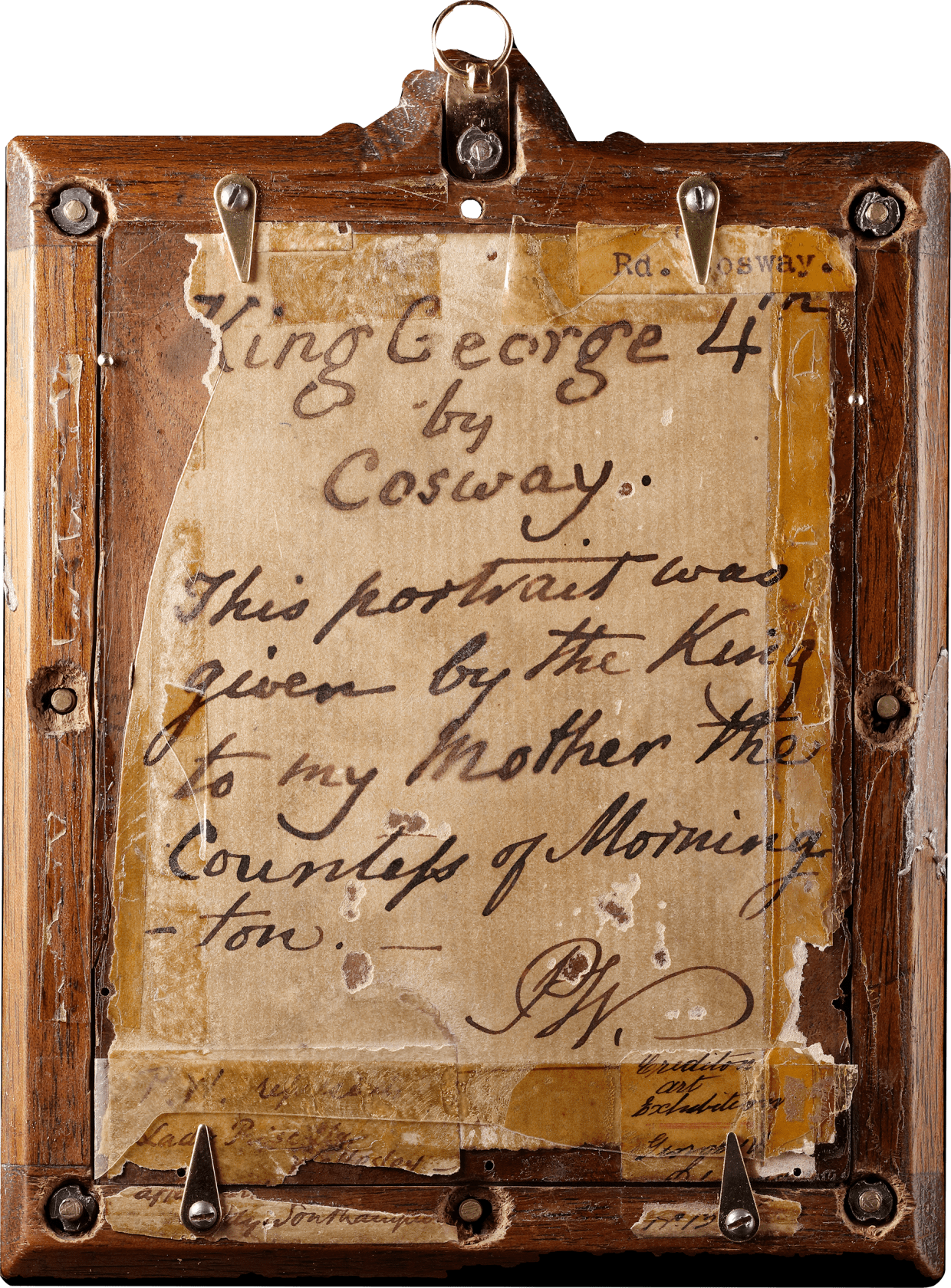 Labels and inscriptions on the reverse ‘King George 4th/ by/ Cosway./ This portrait was/ given by the King/ to my mother the/ Countess of Mornington/ PW’ Watercolour and pencil on card in shaped gilded frame, with cypher of George IV and royal crown above 4 2/5 x 3 in (113 x 76 mm)