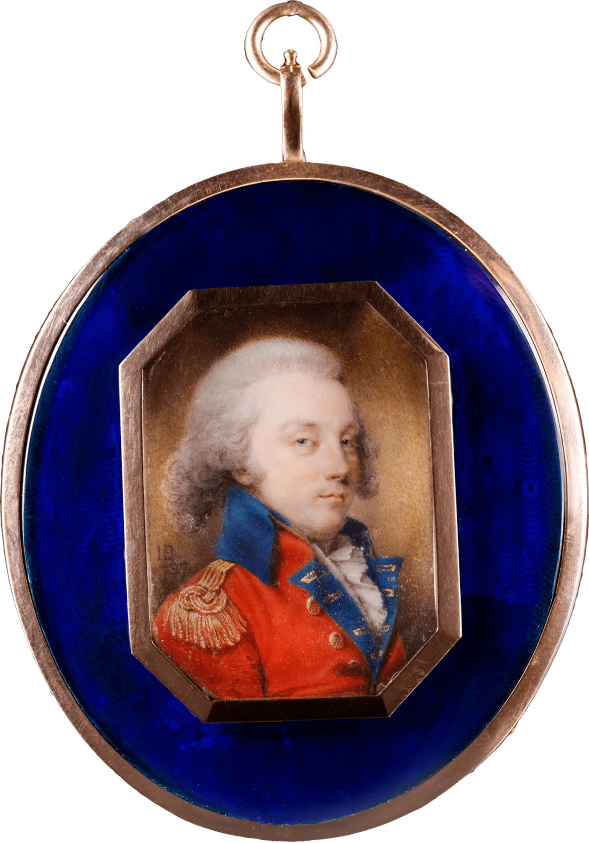 Signed 'IB. / 1787.' lower left Watercolour on ivory in gold hexagonal mount and set in gold frame with blue glass border, the reverse with plaited hair Oval, 1 1/2 in (38 mm) high