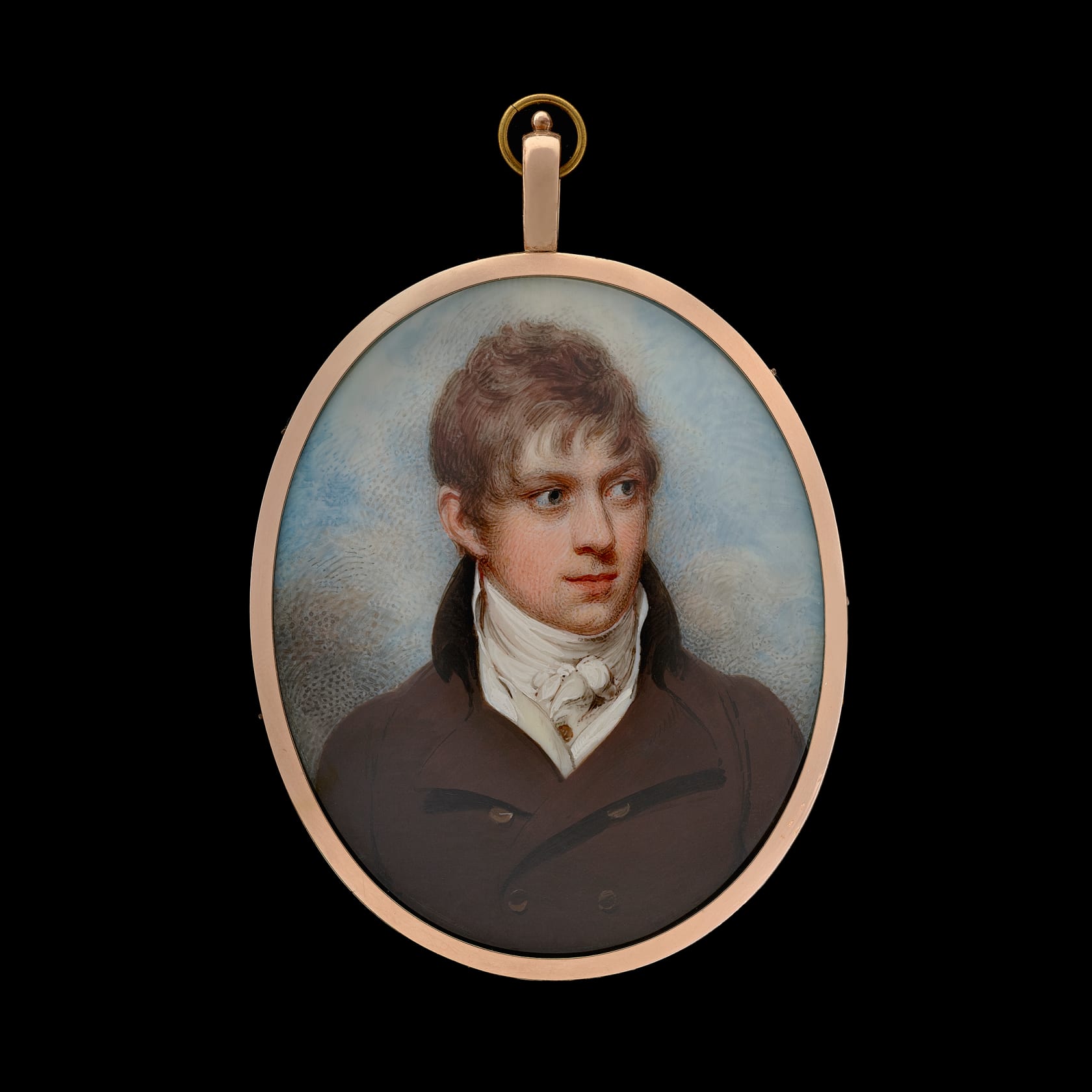 Watercolour on ivory in gold frame with blue glass reverse Oval, 2 7/8 in (61 mm) high