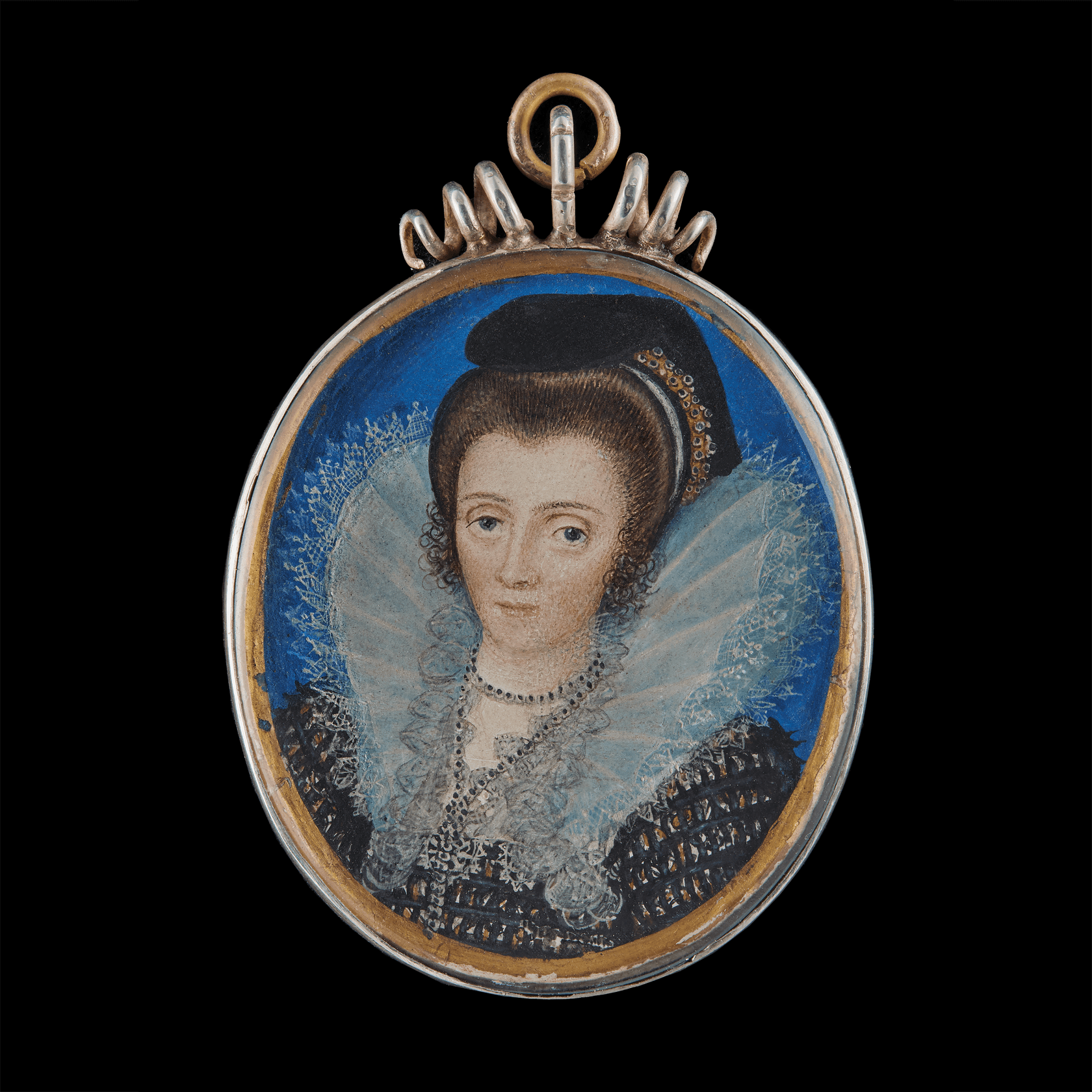 Watercolour on vellum laid on a playing card  In double gold locket, enamelled with floral arabesques in natural colours on a mauve ground, possibly  seventeenth-century  45mm high (oval)