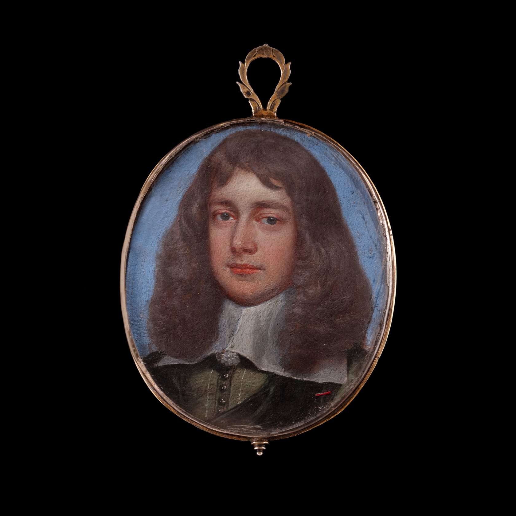 Oil on metal, blue background, watercolour Oval, 2 in (51 mm) high