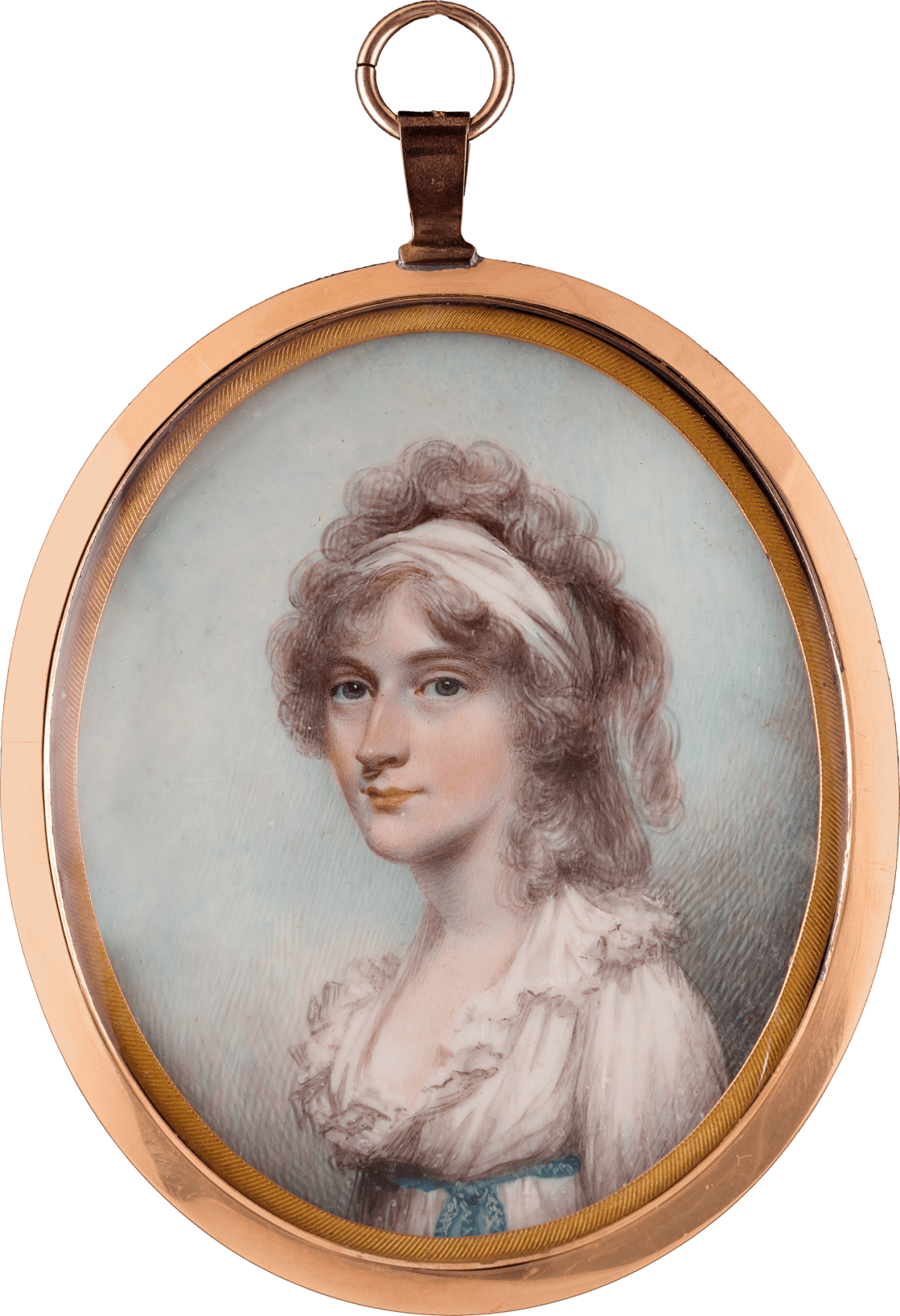 Bronze locket frame with gilt metal slip frame, with gold initials AB monogram Watercolour on ivory in gilt-metal locket frame, plaited hair on reverse Oval, 2 1/2 in (63 mm) high