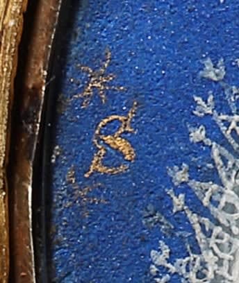 Watercolour on vellum laid on a playing card  In double gold locket, enamelled with floral arabesques in natural colours on a mauve ground, possibly  seventeenth-century  45mm high (oval)