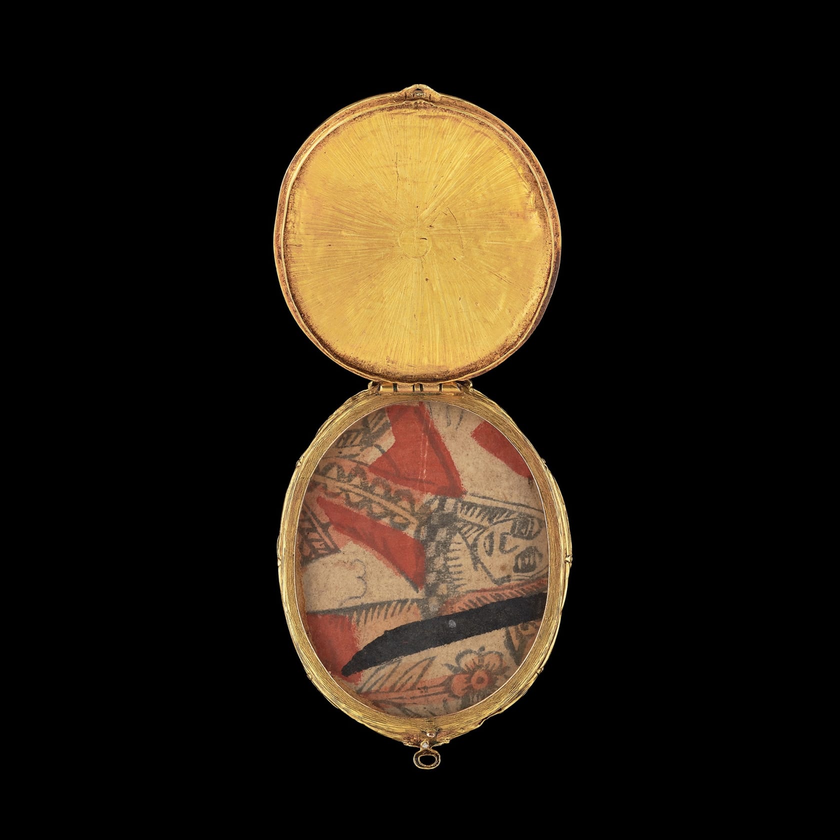 Watercolour on vellum laid on a playing card  In double gold locket, enamelled with floral arabesques in natural colours on a mauve ground, possibly  seventeenth-century  45mm high (oval)
